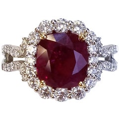 GIA 18 Karat White Gold Cushion Cut Ruby and Diamond Ring