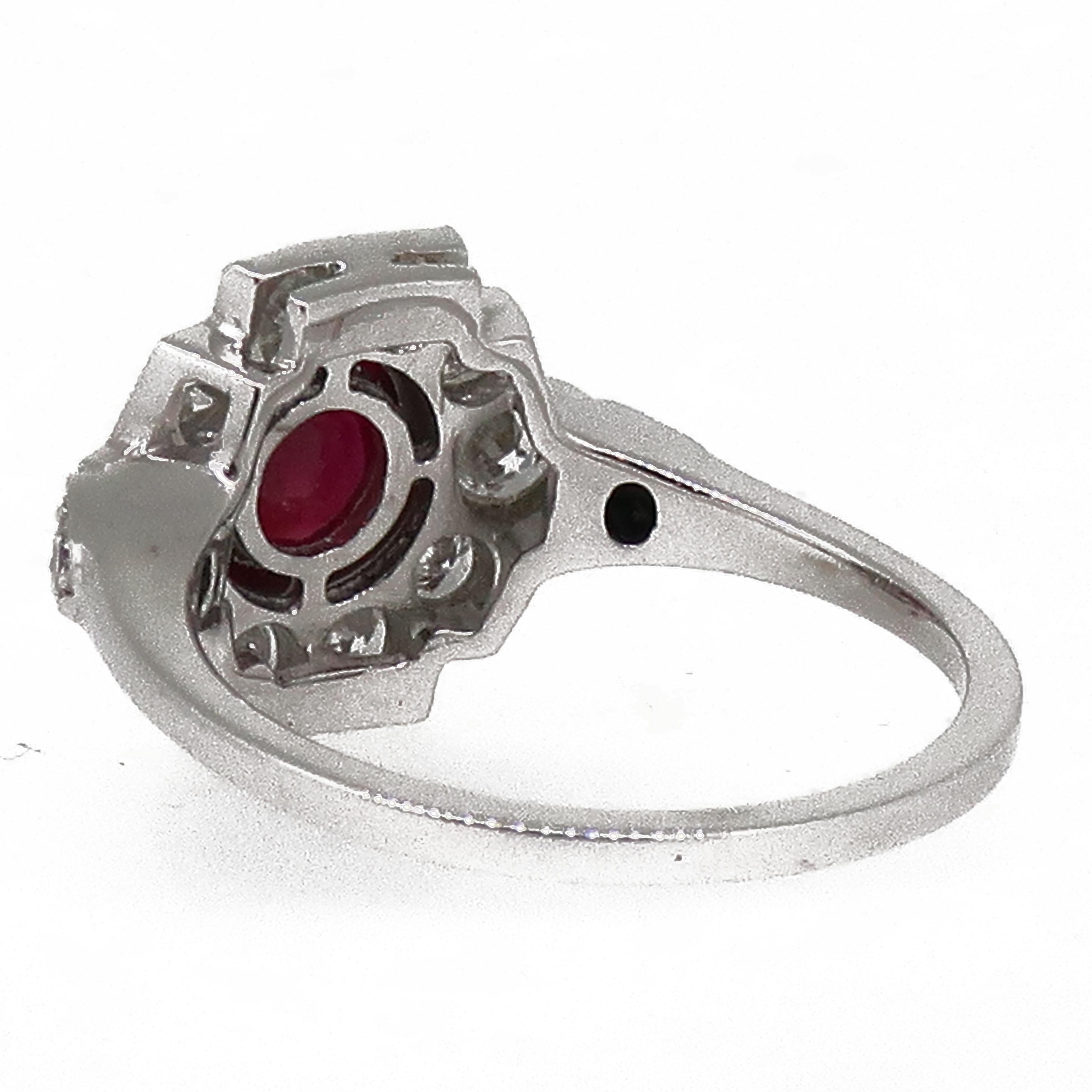 18 Karat White Gold Cushion Cut Ruby and Diamond Art Deco Style Cluster Ring In New Condition In East Grinstead, GB