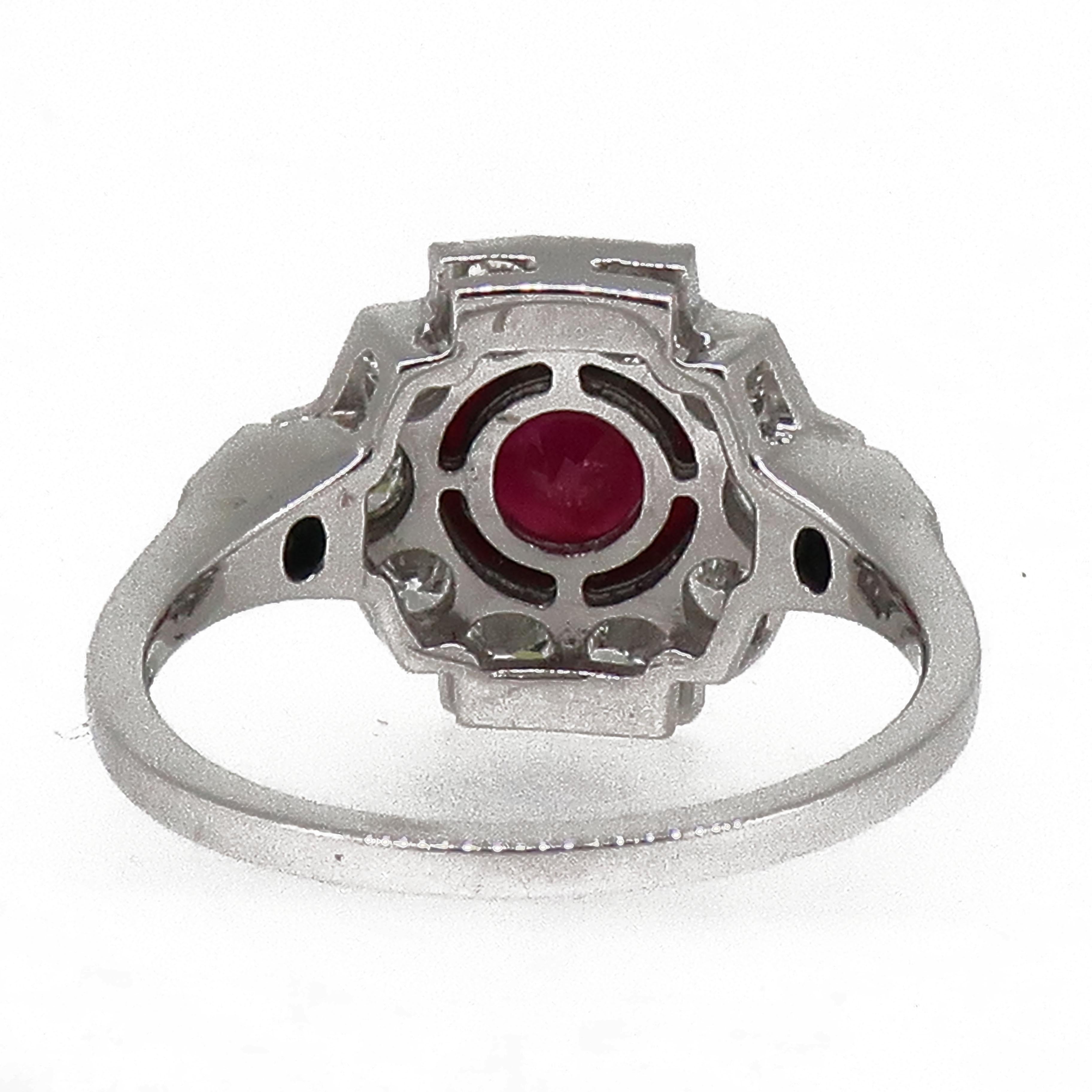 Women's 18 Karat White Gold Cushion Cut Ruby and Diamond Art Deco Style Cluster Ring