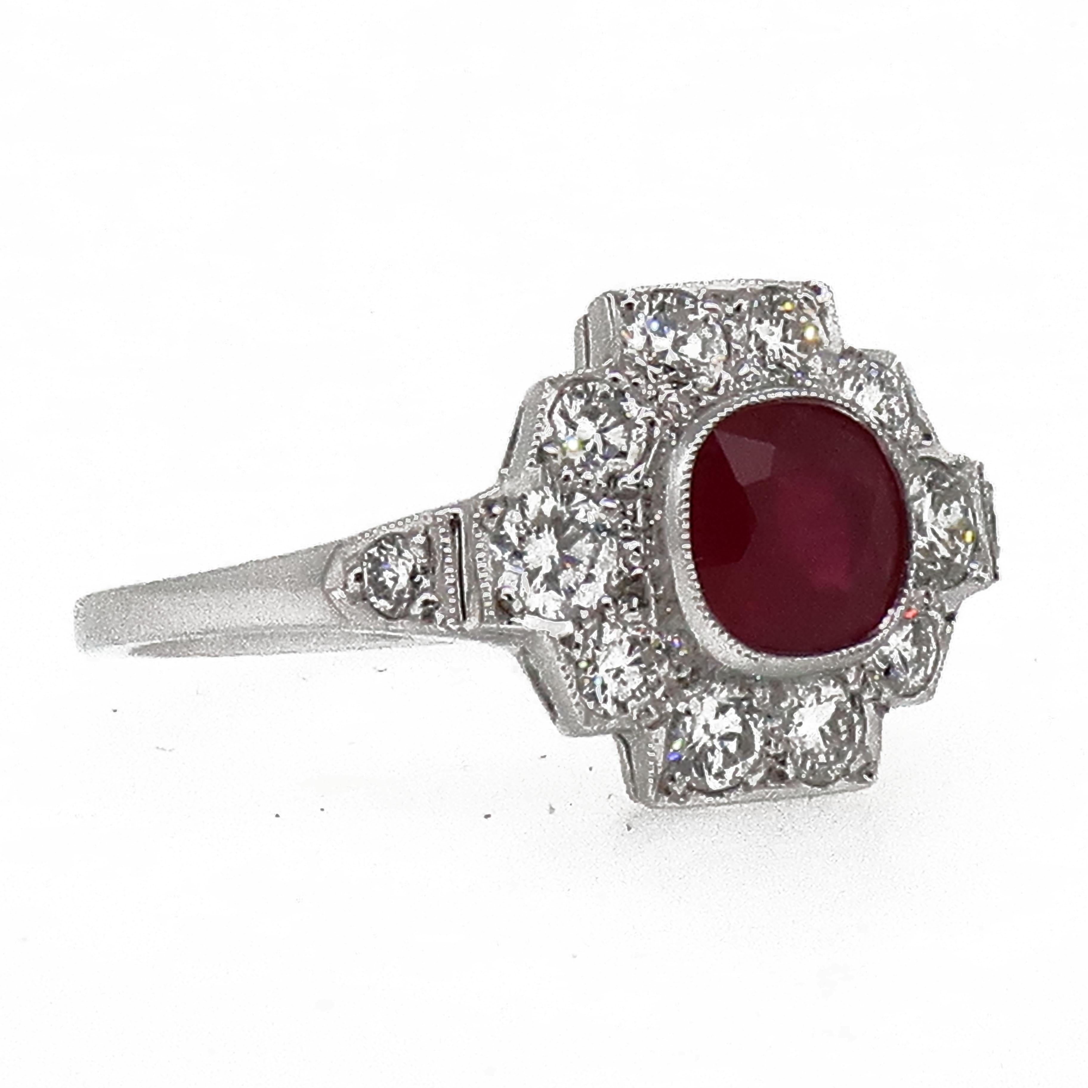 18 Karat White Gold Cushion Cut Ruby and Diamond Art Deco Style Cluster Ring 2