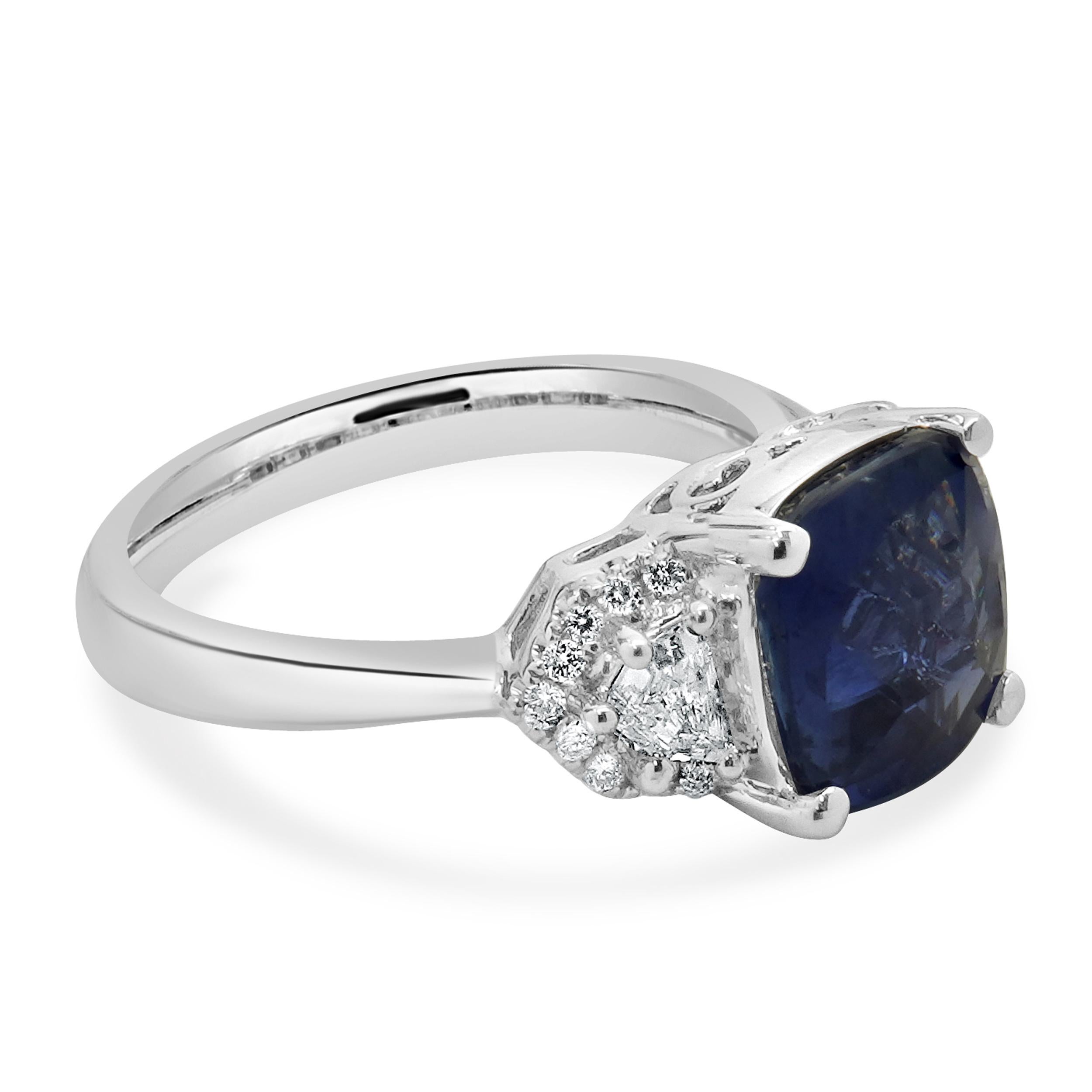 Designer: custom
Material: 18K white gold
Sapphire: cushion cut = 3.96cttw
GIA: 1236057168
Diamond: round brilliant cut = 0.51cttw
Color: G 
Clarity: VS2
Size: 6.5
Weight: 5.30 grams
