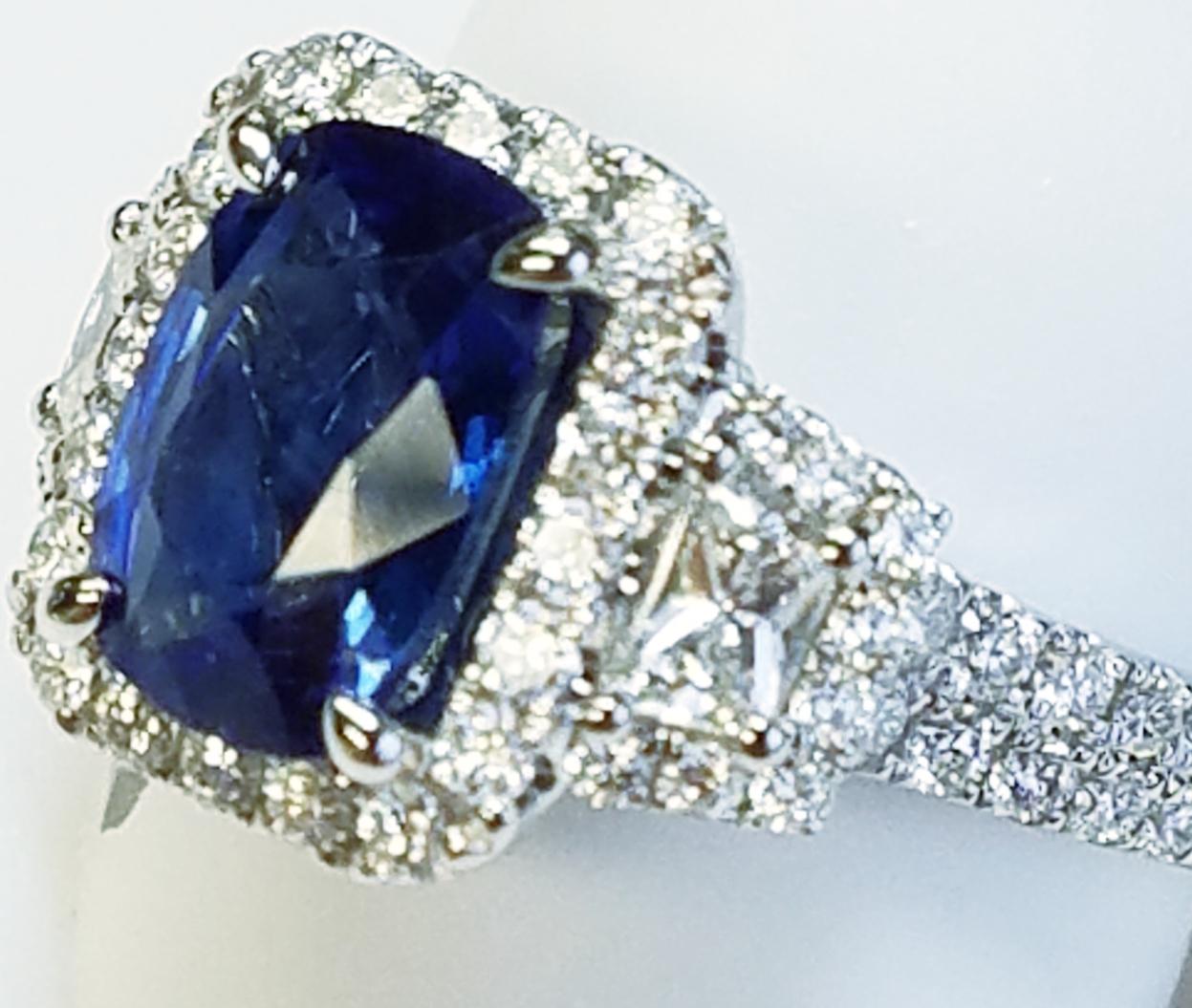 18 Karat White Gold Cushion Cut Sapphire and Diamond Ring #17205 In New Condition In Great Neck, NY