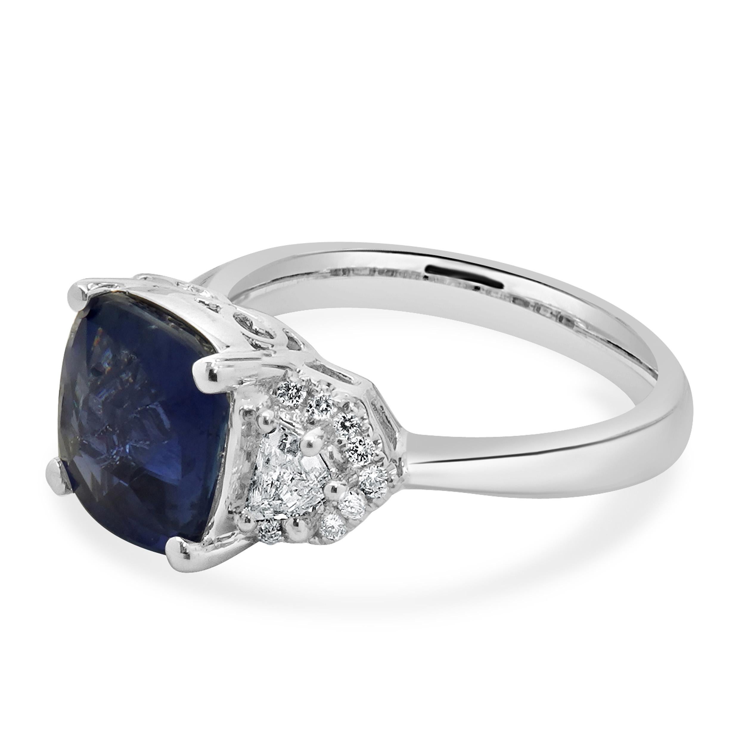 Women's 18 Karat White Gold Cushion Cut Sapphire and Diamond Ring For Sale