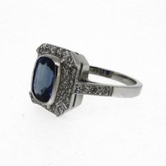 18 Karat White Gold Cushion Cut Sapphire & Diamond Art Deco Style Cluster Ring