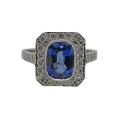 18 Karat White Gold Cushion Cut Sapphire & Diamond Art Deco Style Cluster Ring