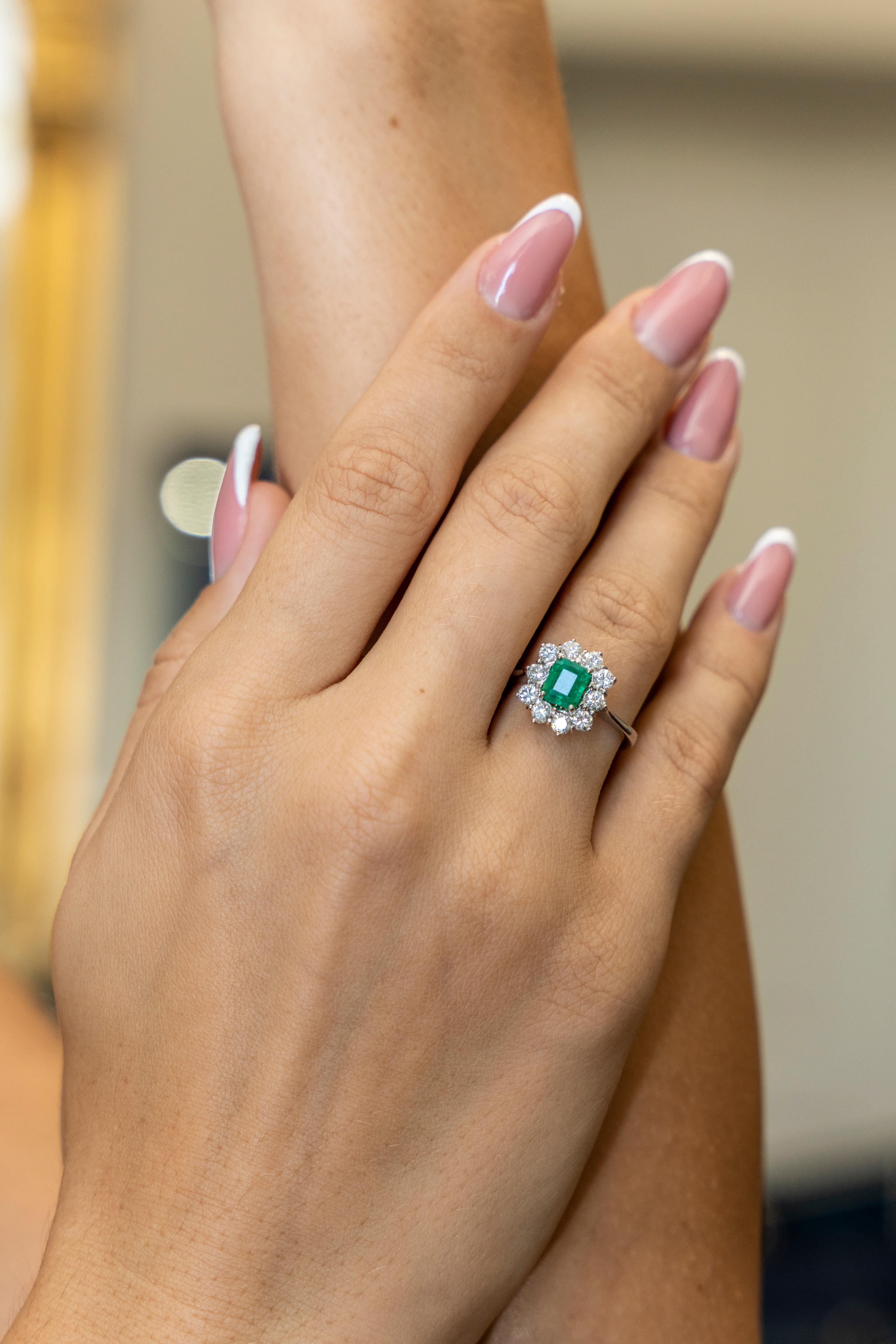 Cushion Cut 18 Karat White Gold Cushion Emerald Diamond Cocktail Ring For Sale