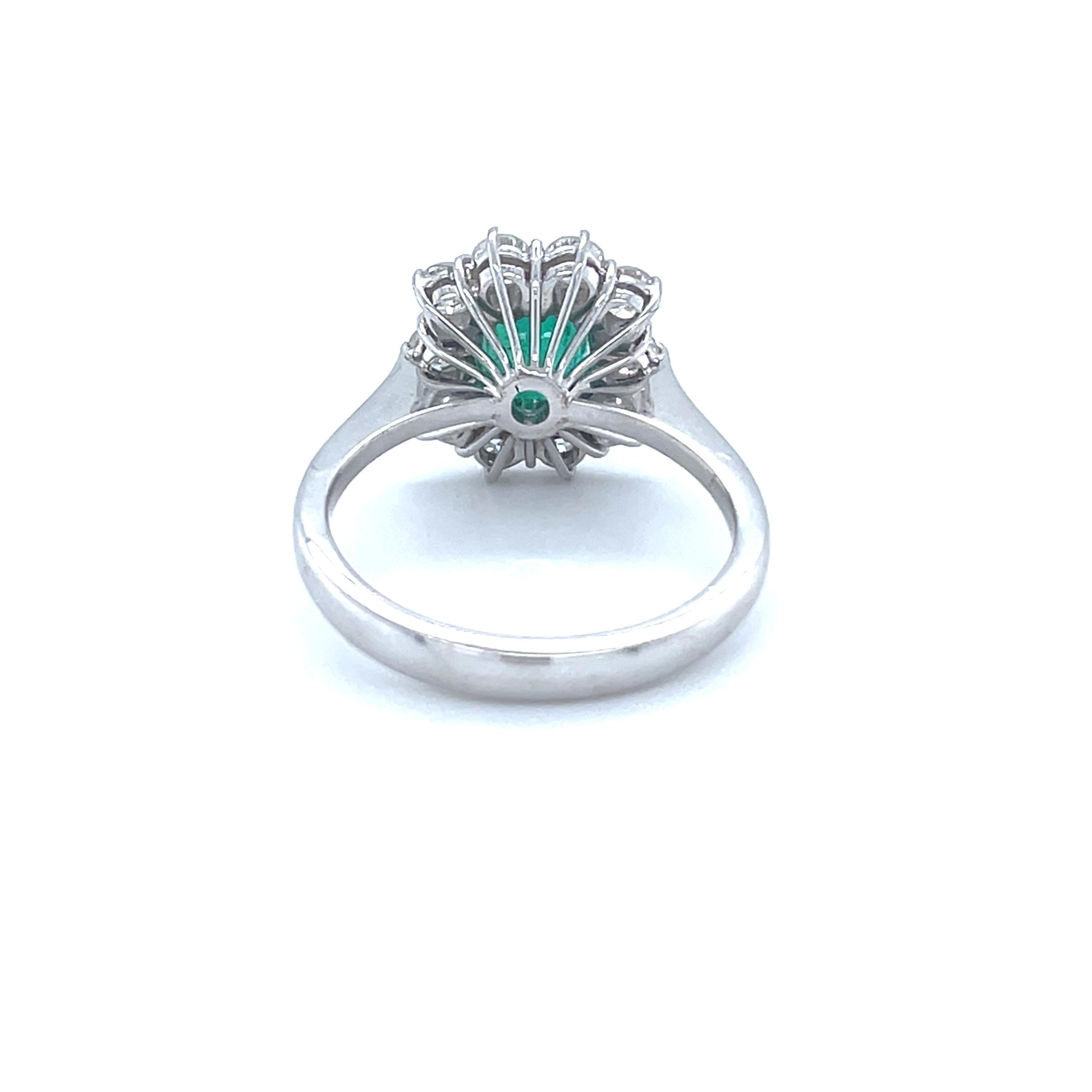 Women's 18 Karat White Gold Cushion Emerald Diamond Cocktail Ring For Sale