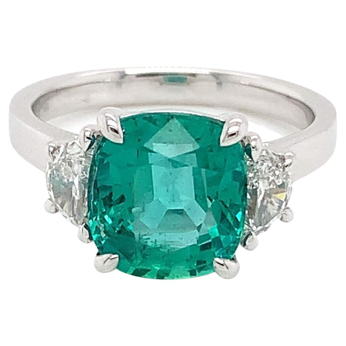Certified 18 Karat White Gold Cushion Emerald & Diamond Ring 3.44 Carats