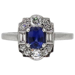 18 Karat White Gold Cushion Sapphire and Diamond Art Deco Style Cluster Ring