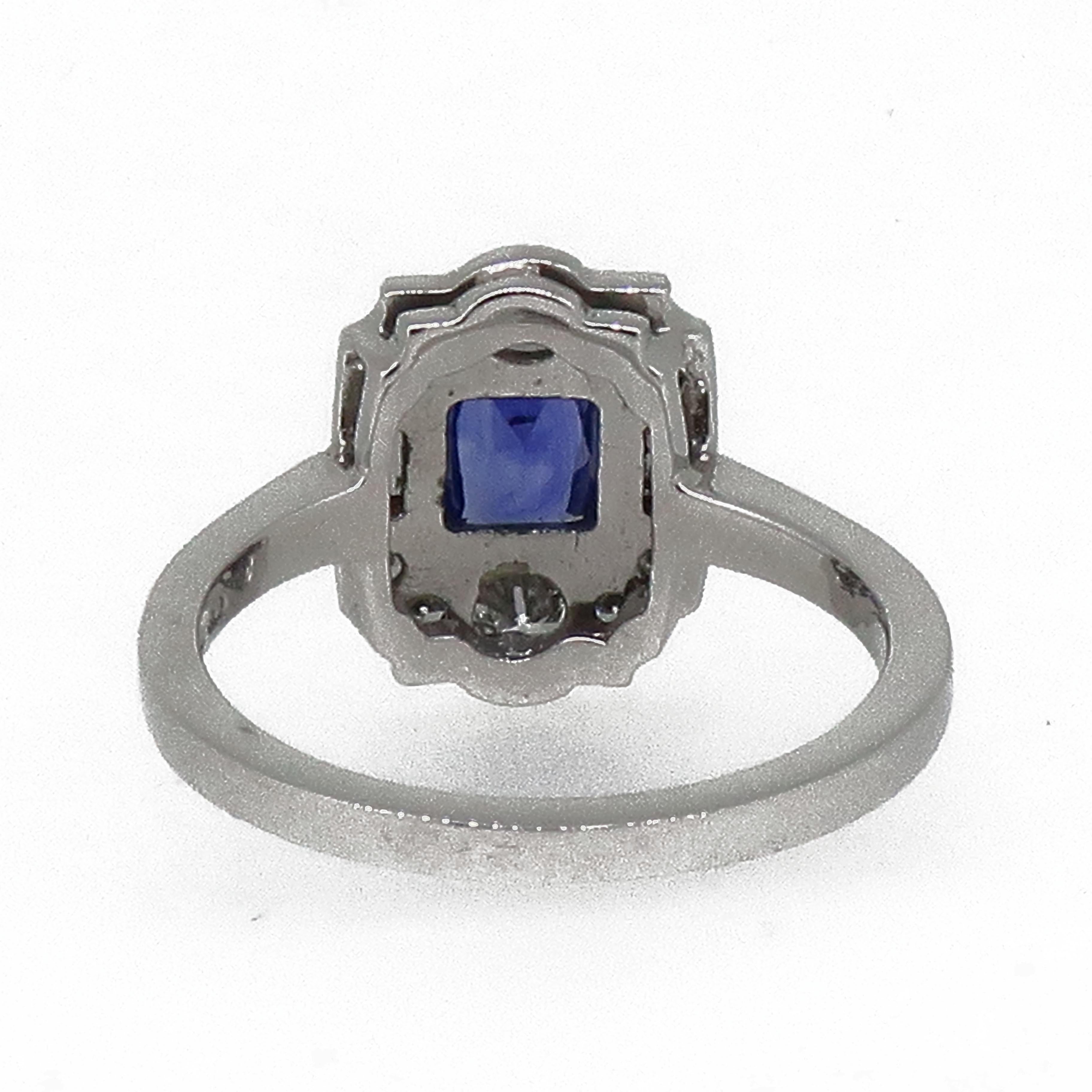 18 Karat White Gold Cushion Sapphire and Diamond Art Deco Style Cluster Ring In New Condition In East Grinstead, GB