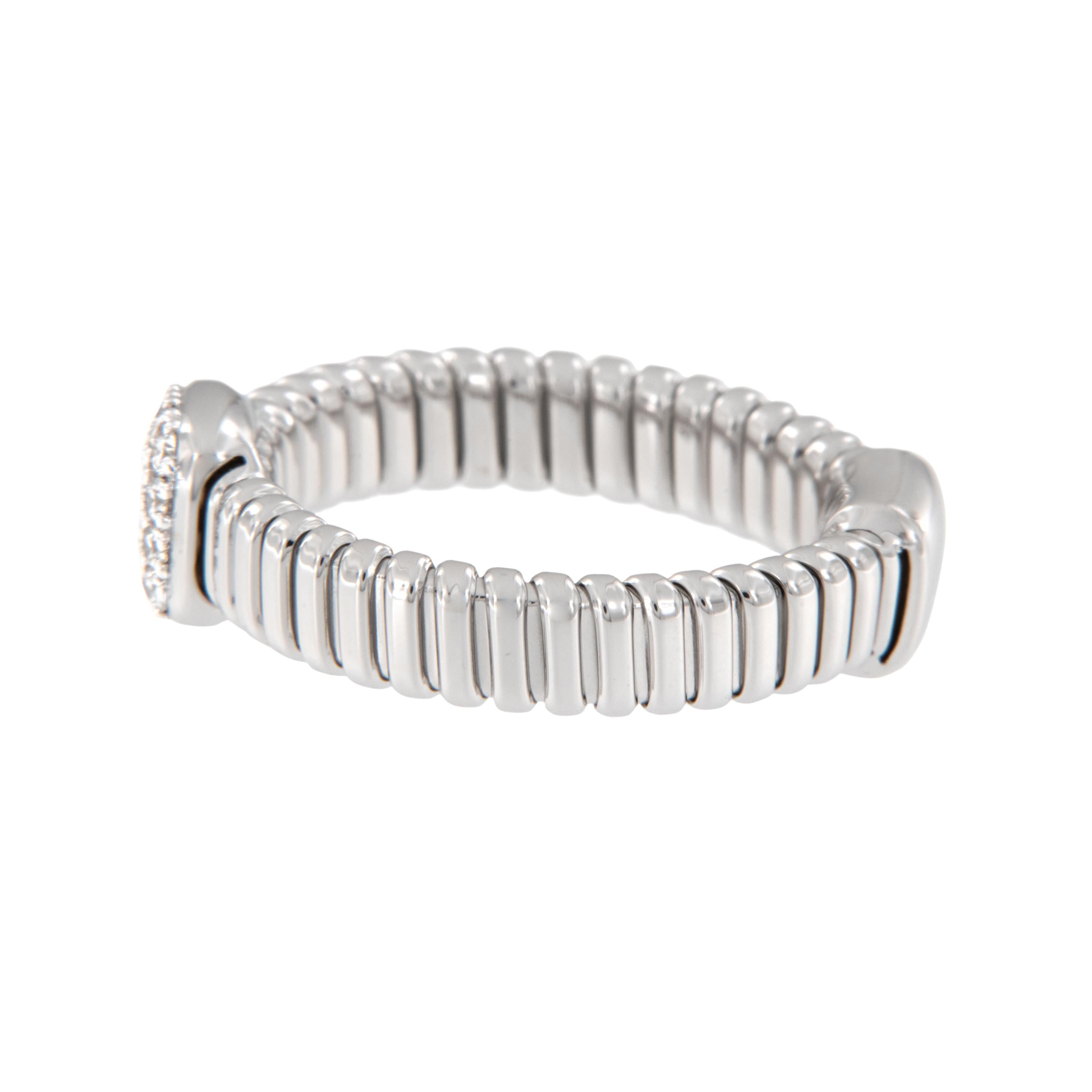 Regal in rich 18 karat white gold, this fun ring boasts 16 round diamonds = 0.18 Cttw pave' set in cushion shaped center! Diamonds are VS clarity and G/H color. Ring is uber comfortable with its flexible technology to fit your finger like a glove!