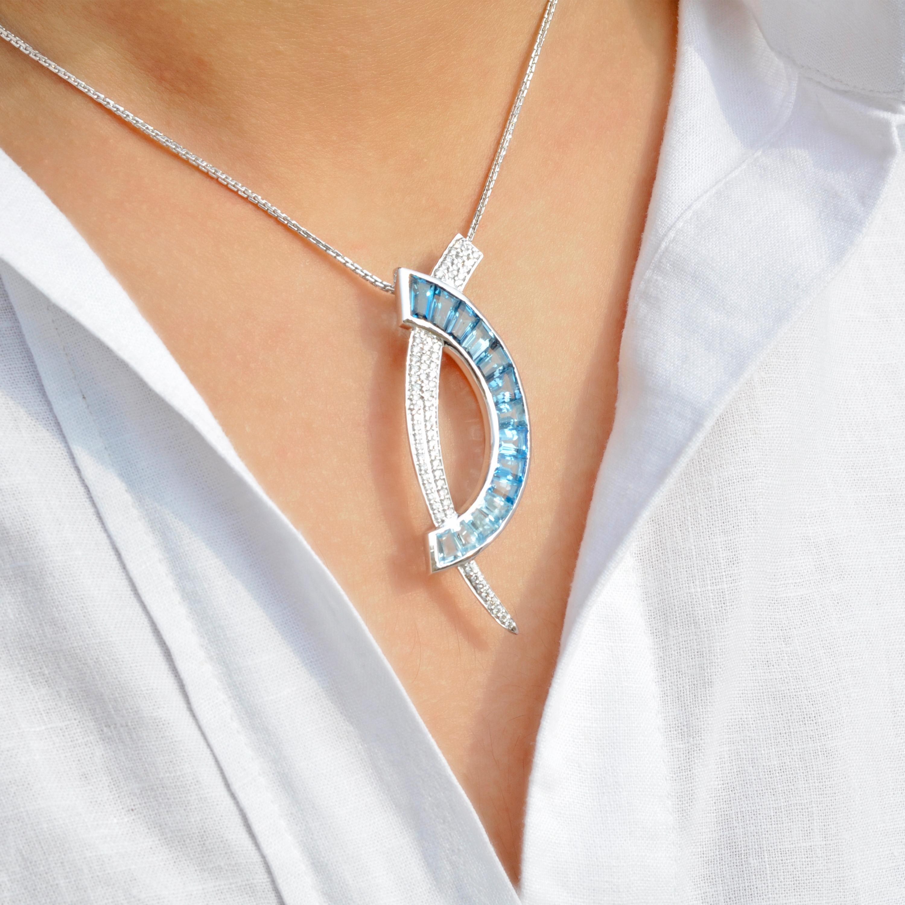 18 Karat White Gold Custom Cut Blue Topaz Taper Baguette Diamond Pendant Brooch For Sale 4
