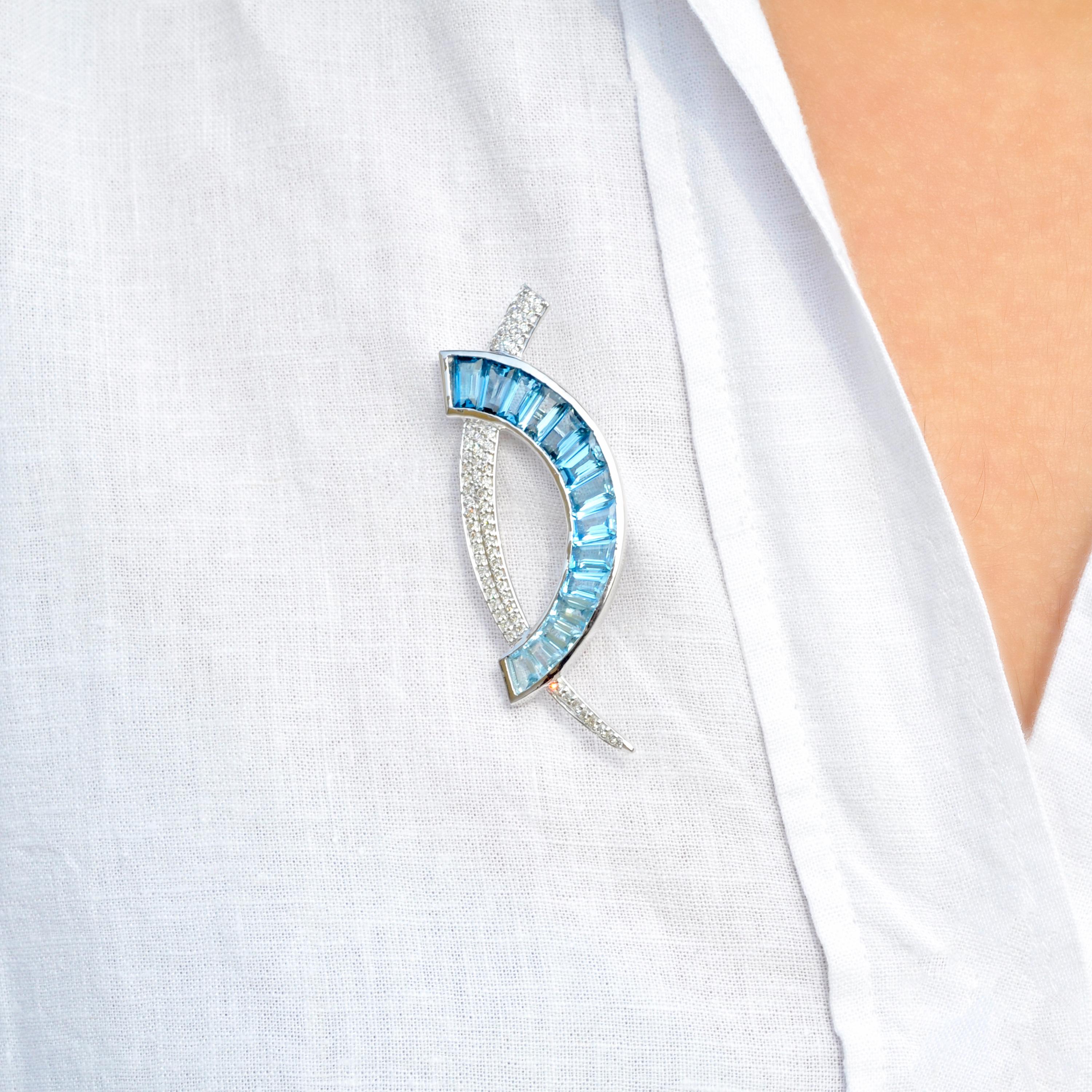 18 Karat White Gold Custom Cut Blue Topaz Taper Baguette Diamond Pendant Brooch For Sale 5