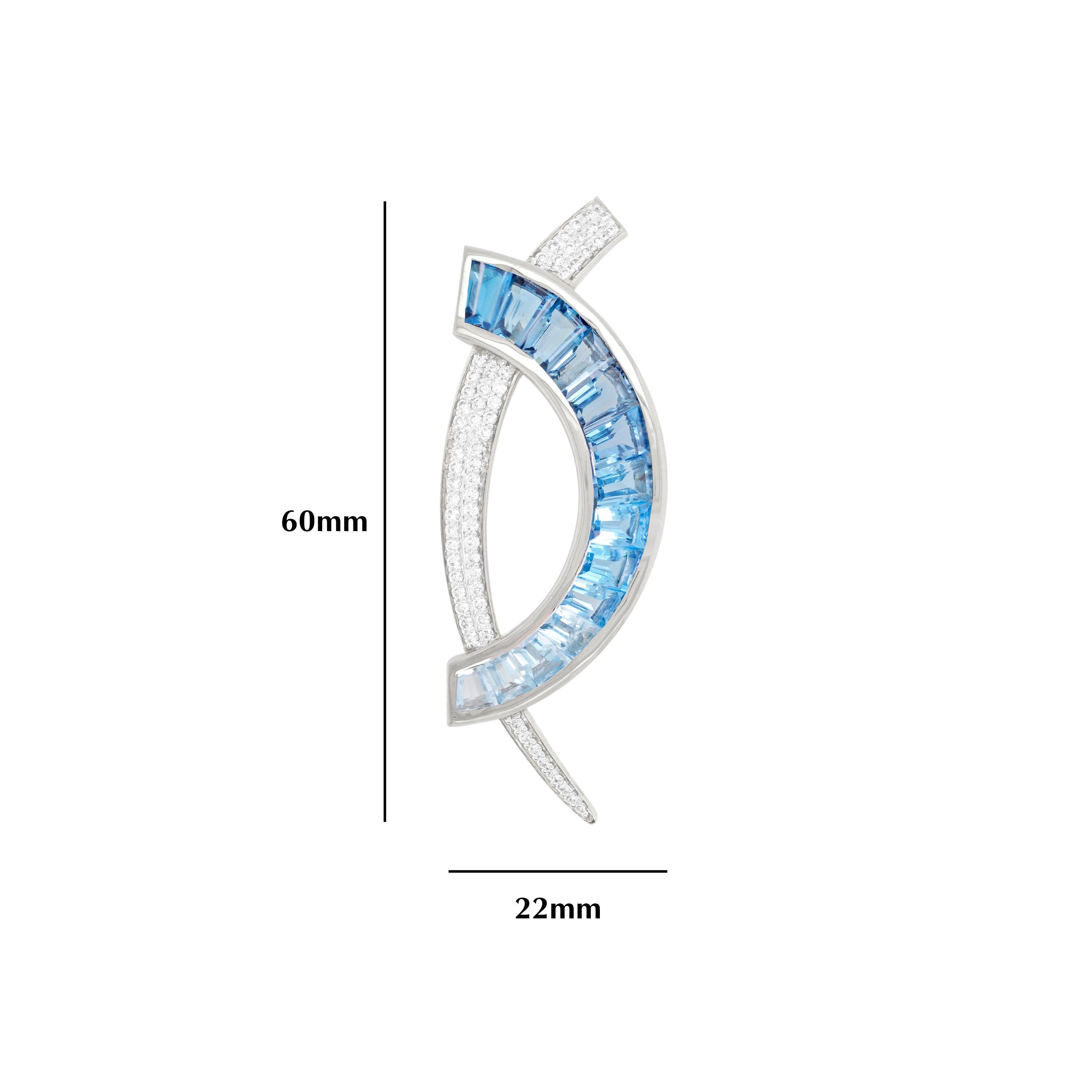 Tapered Baguette 18 Karat White Gold Custom Cut Blue Topaz Taper Baguette Diamond Pendant Brooch For Sale