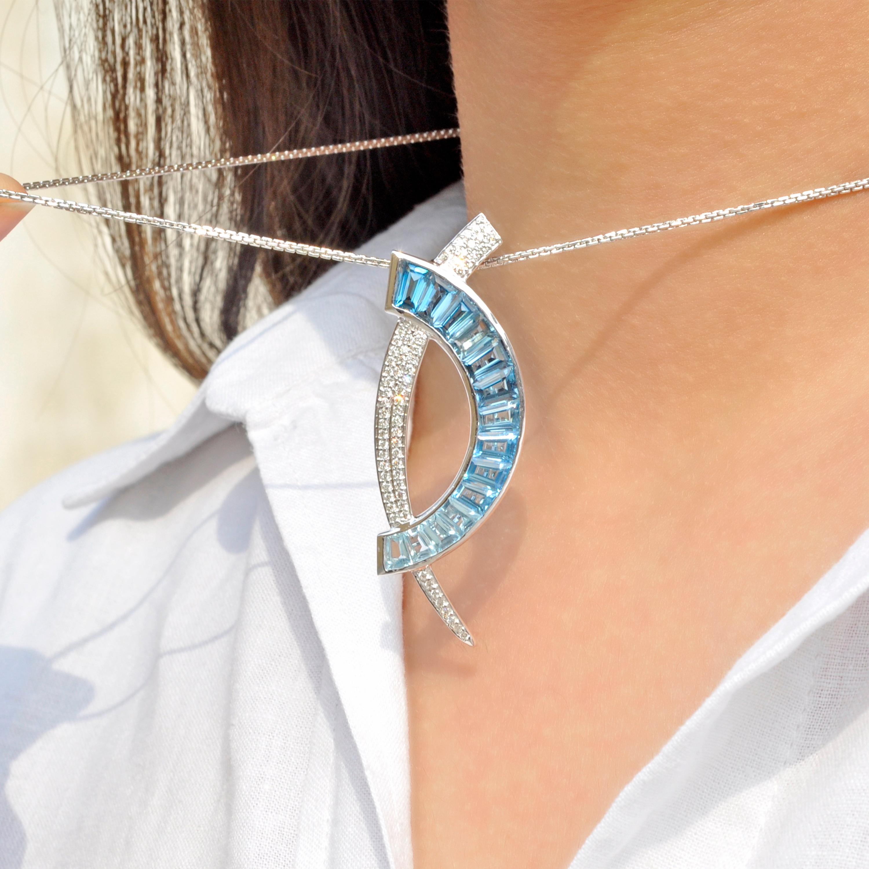 18 Karat White Gold Custom Cut Blue Topaz Taper Baguette Diamond Pendant Brooch In New Condition For Sale In Jaipur, Rajasthan