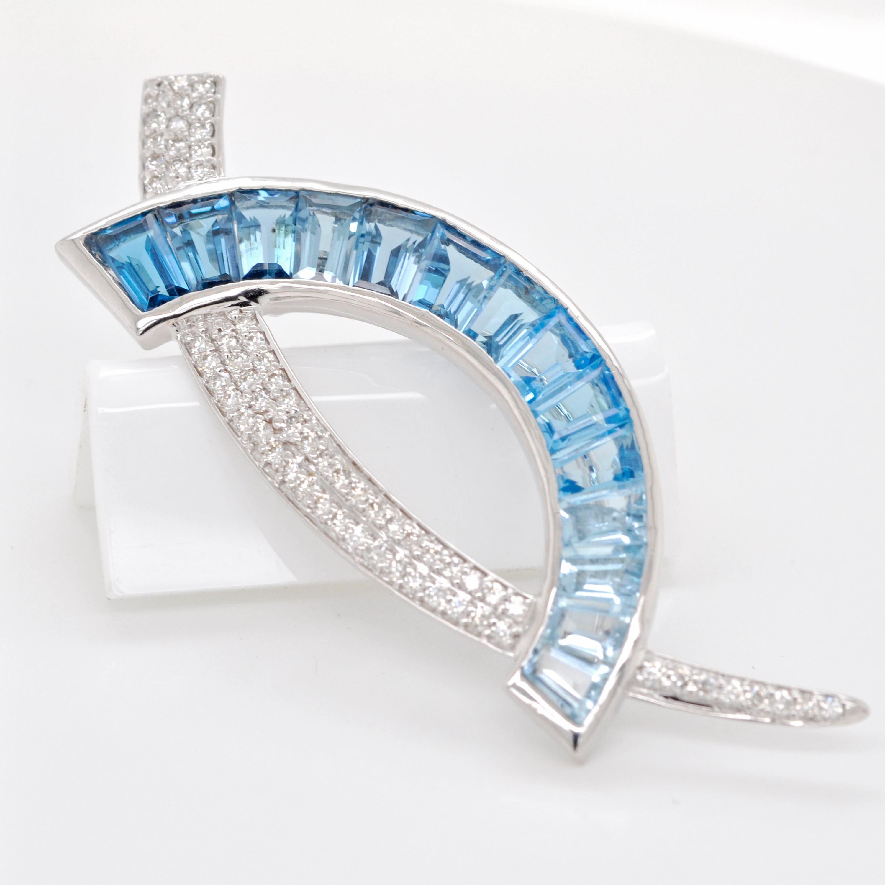 Women's or Men's 18 Karat White Gold Custom Cut Blue Topaz Taper Baguette Diamond Pendant Brooch For Sale