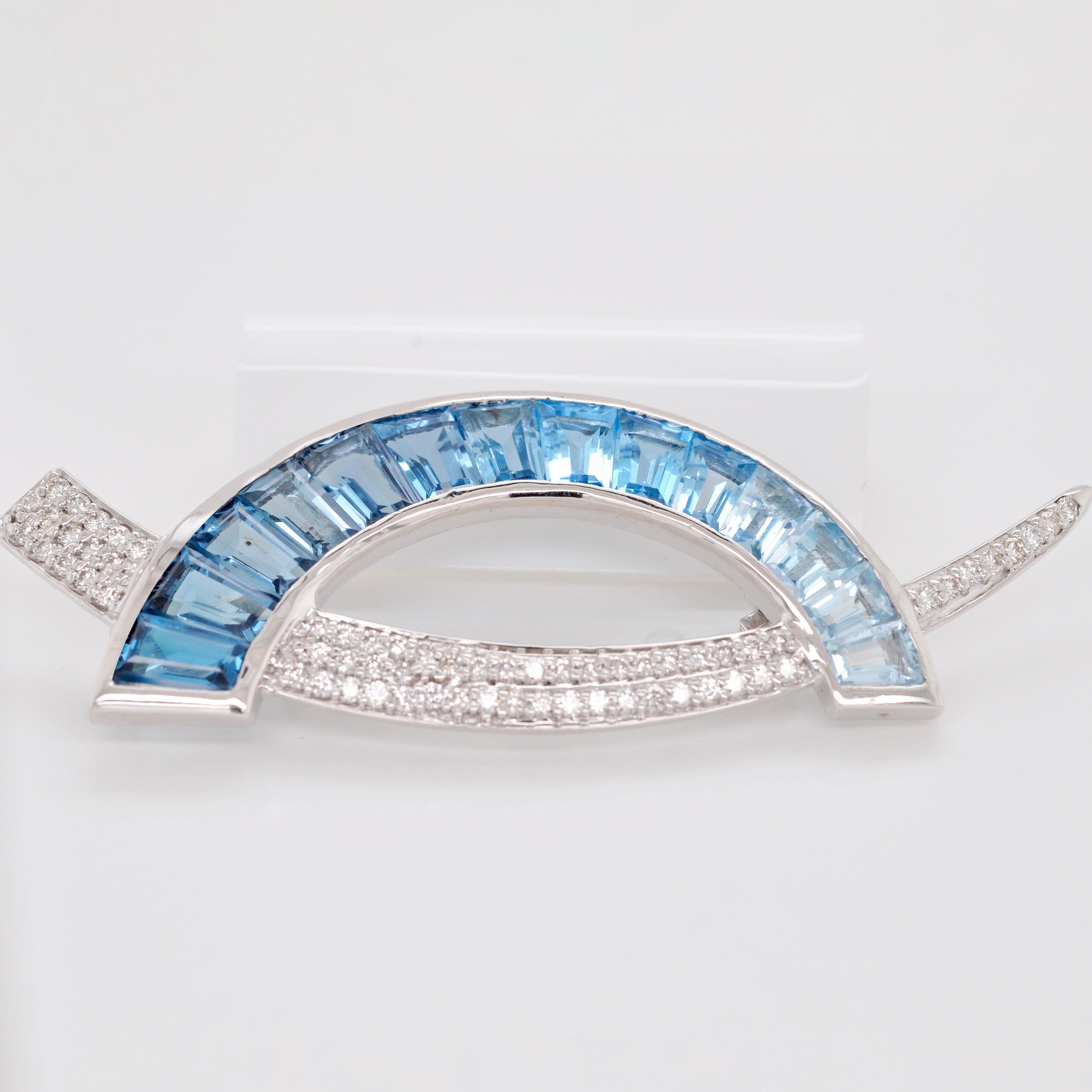 18 Karat White Gold Custom Cut Blue Topaz Taper Baguette Diamond Pendant Brooch For Sale 1
