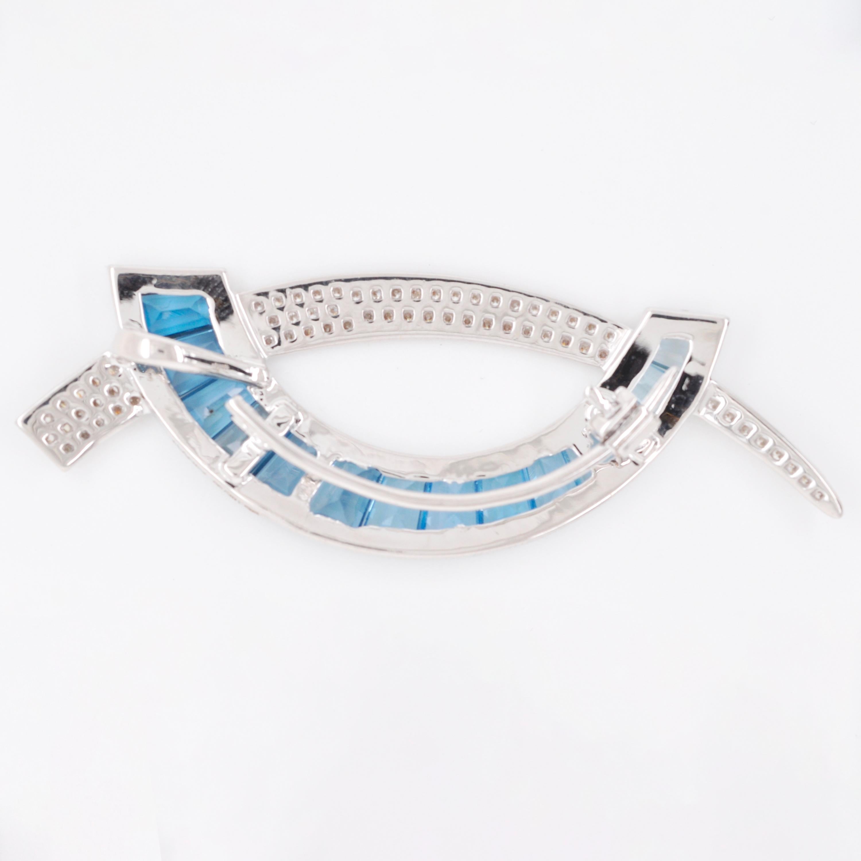 18 Karat White Gold Custom Cut Blue Topaz Taper Baguette Diamond Pendant Brooch For Sale 2