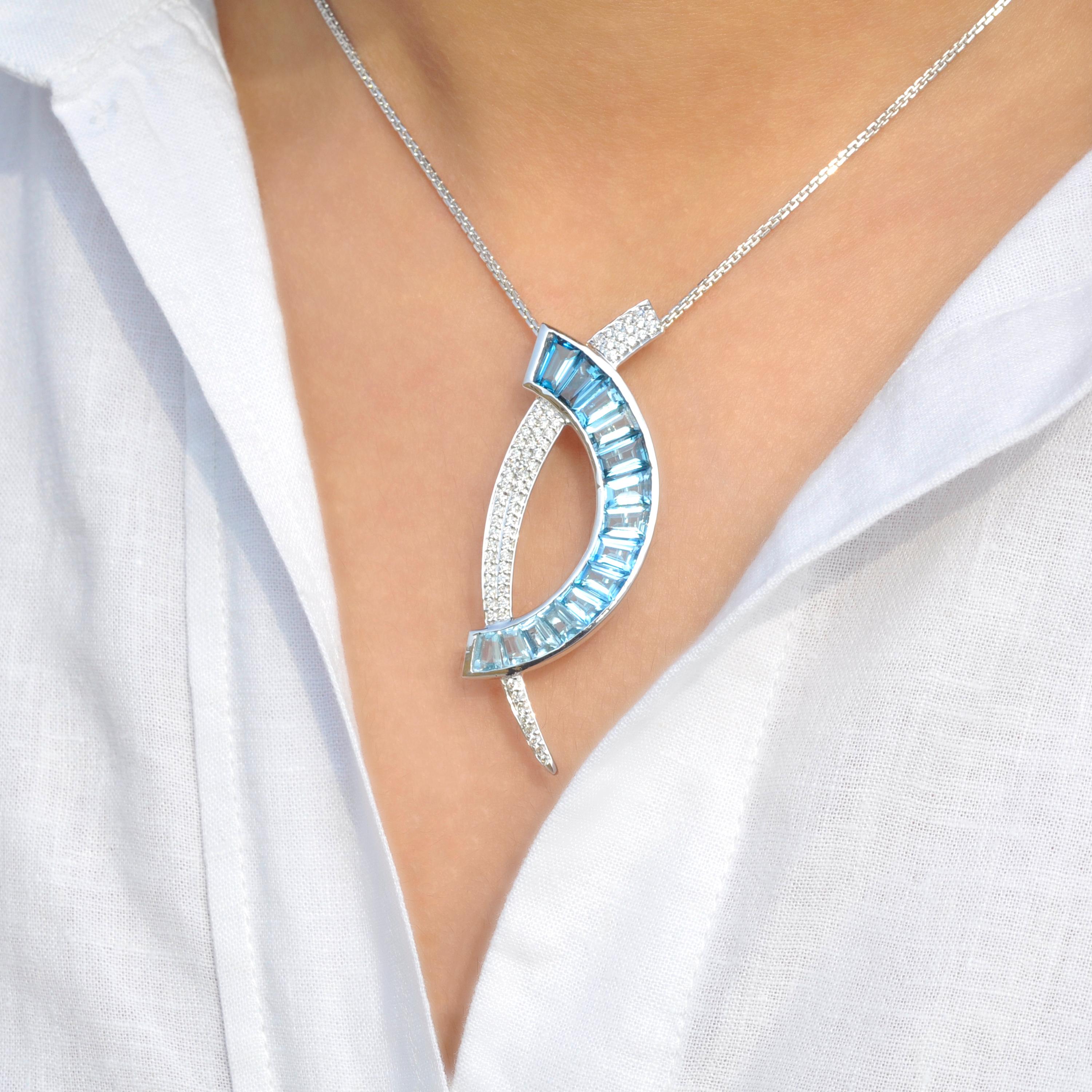 18 Karat White Gold Custom Cut Blue Topaz Taper Baguette Diamond Pendant Brooch For Sale 3