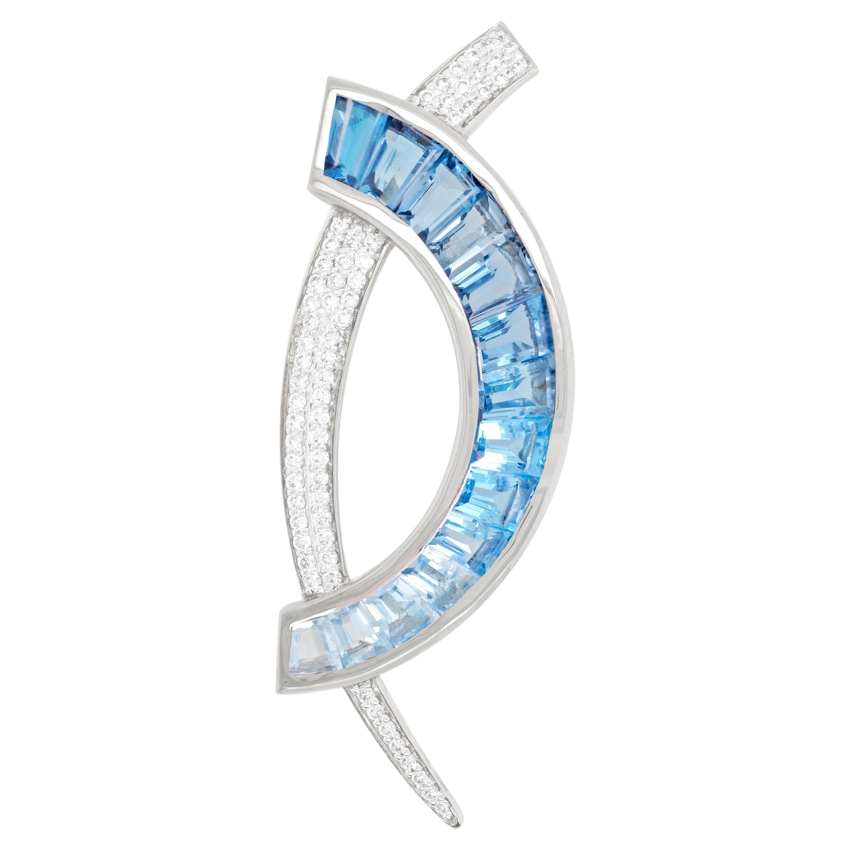18 Karat White Gold Custom Cut Blue Topaz Taper Baguette Diamond Pendant Brooch For Sale
