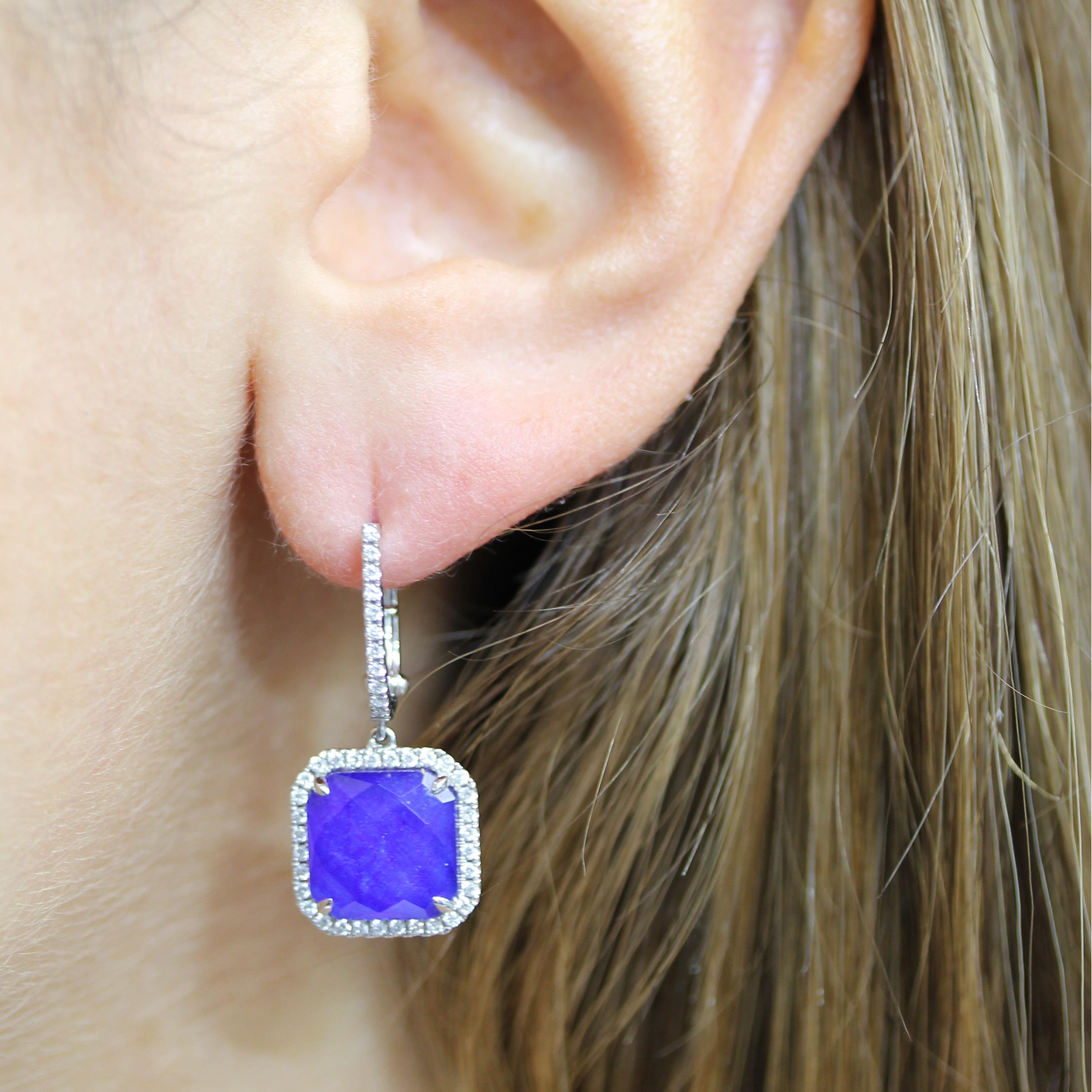 Royal Lapis Dangle Earrings featuring square, checker-cut, White Quartz layered with Natural Lapis Lazuli, surrounded by a diamond halo, set in 18K white gold. Earrings hang from diamond huggie tops. The Royal Lapis collection from Doves by Doron