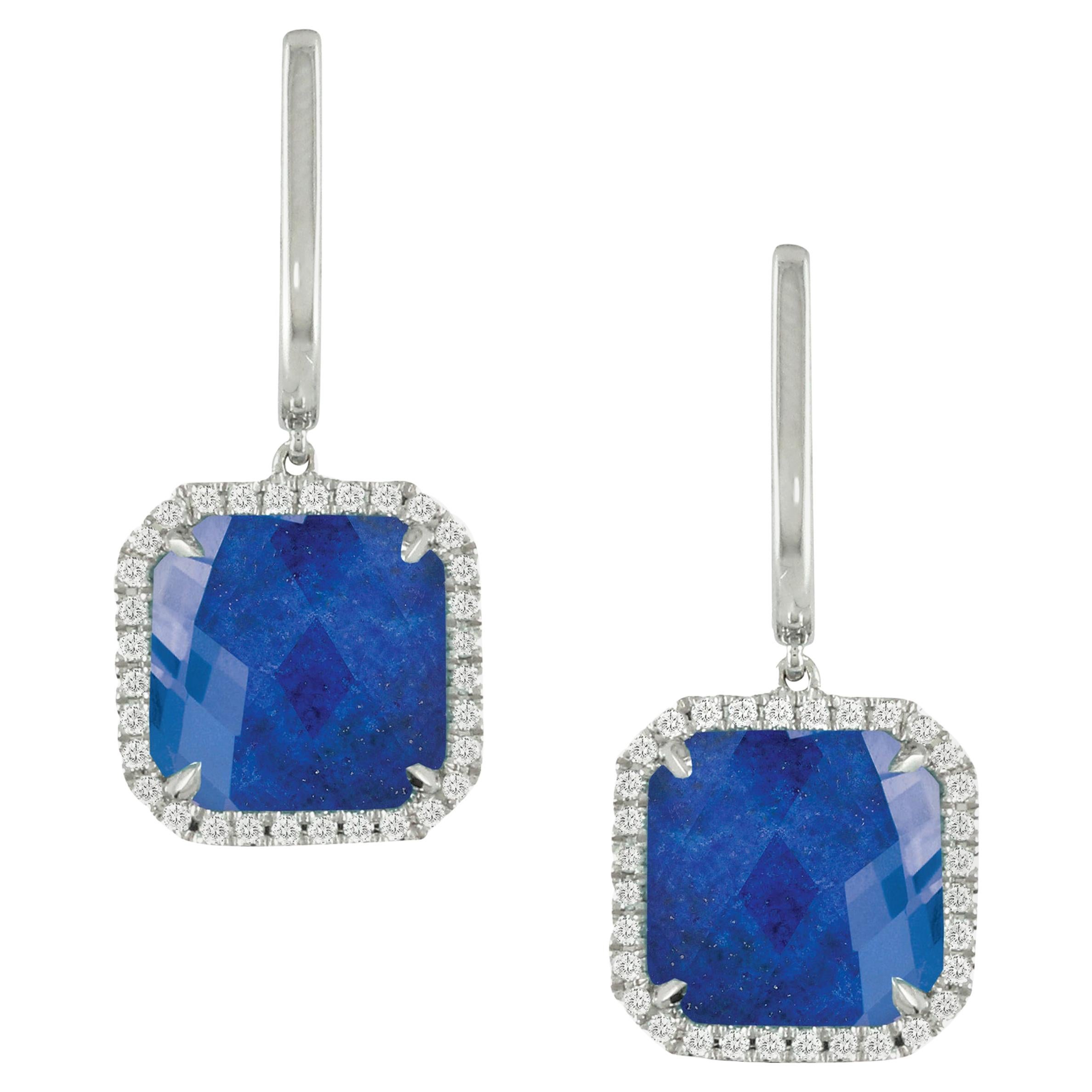18 Karat White Gold Dangle Earrings with Lapis Lazuli, White Quartz and Diamonds For Sale