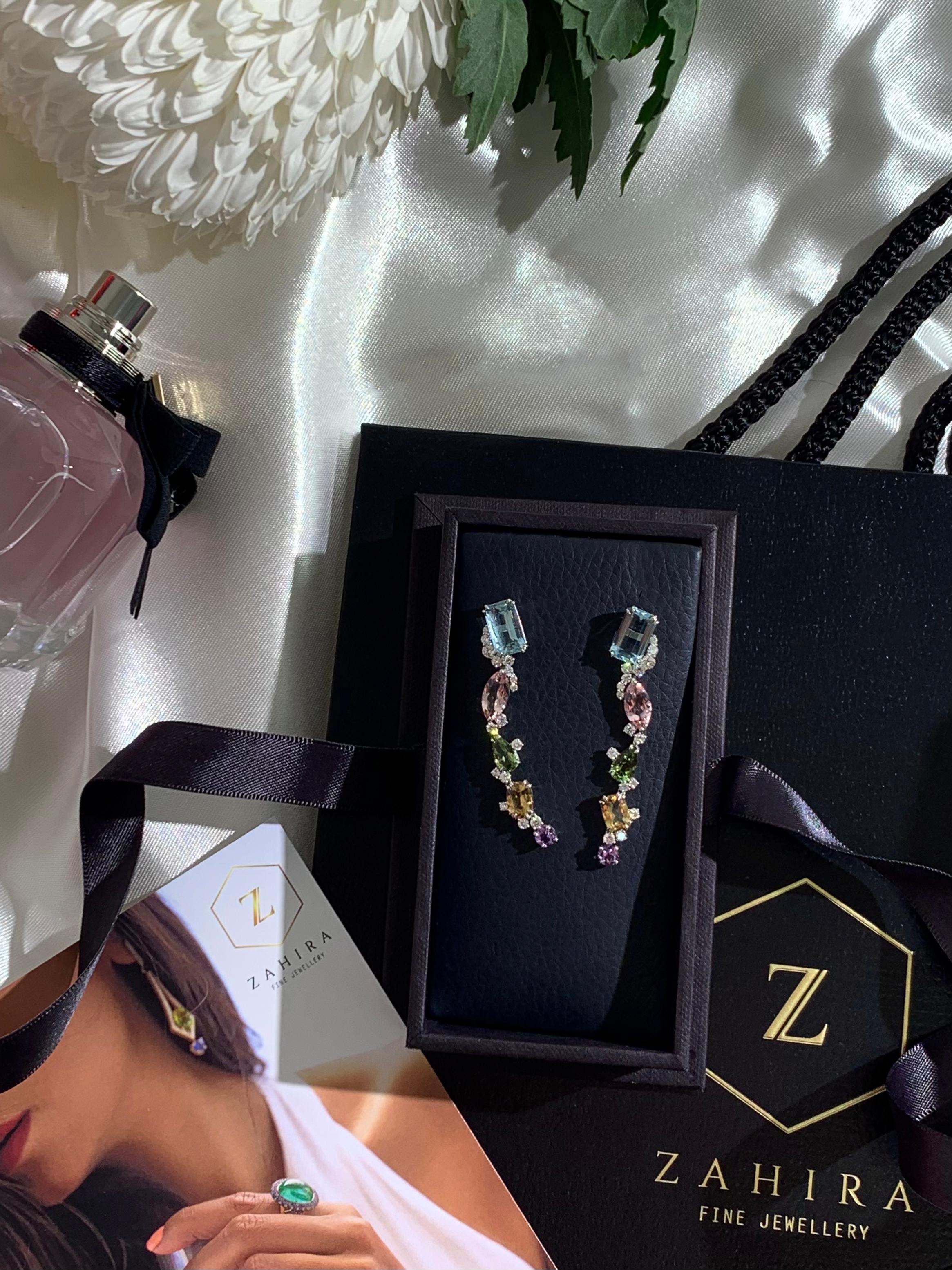 Modern 18 Karat White Gold Dangle Earrings with Multi-Colored Gemstones and Diamonds. For Sale
