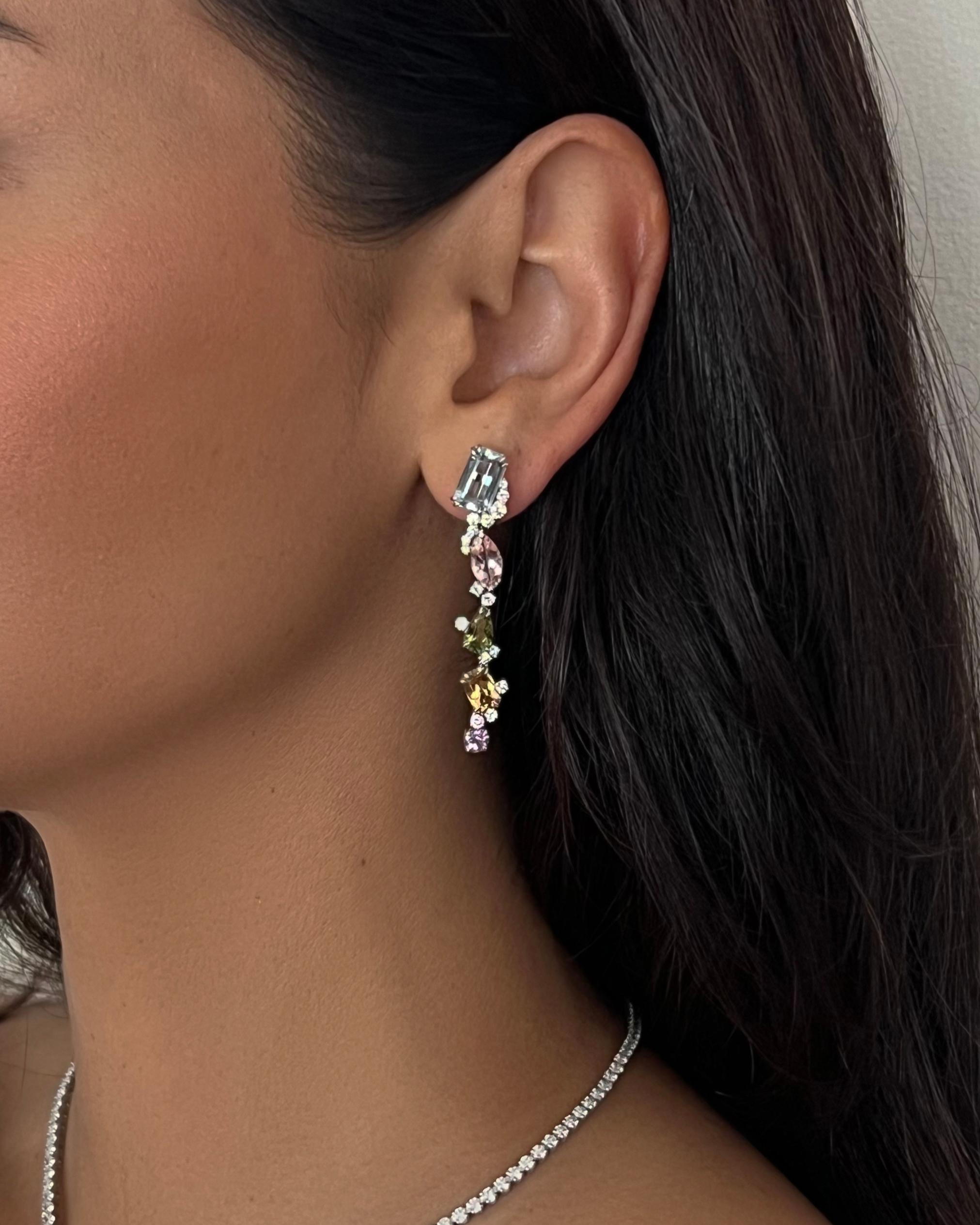 Mixed Cut 18 Karat White Gold Dangle Earrings with Multi-Colored Gemstones and Diamonds. For Sale