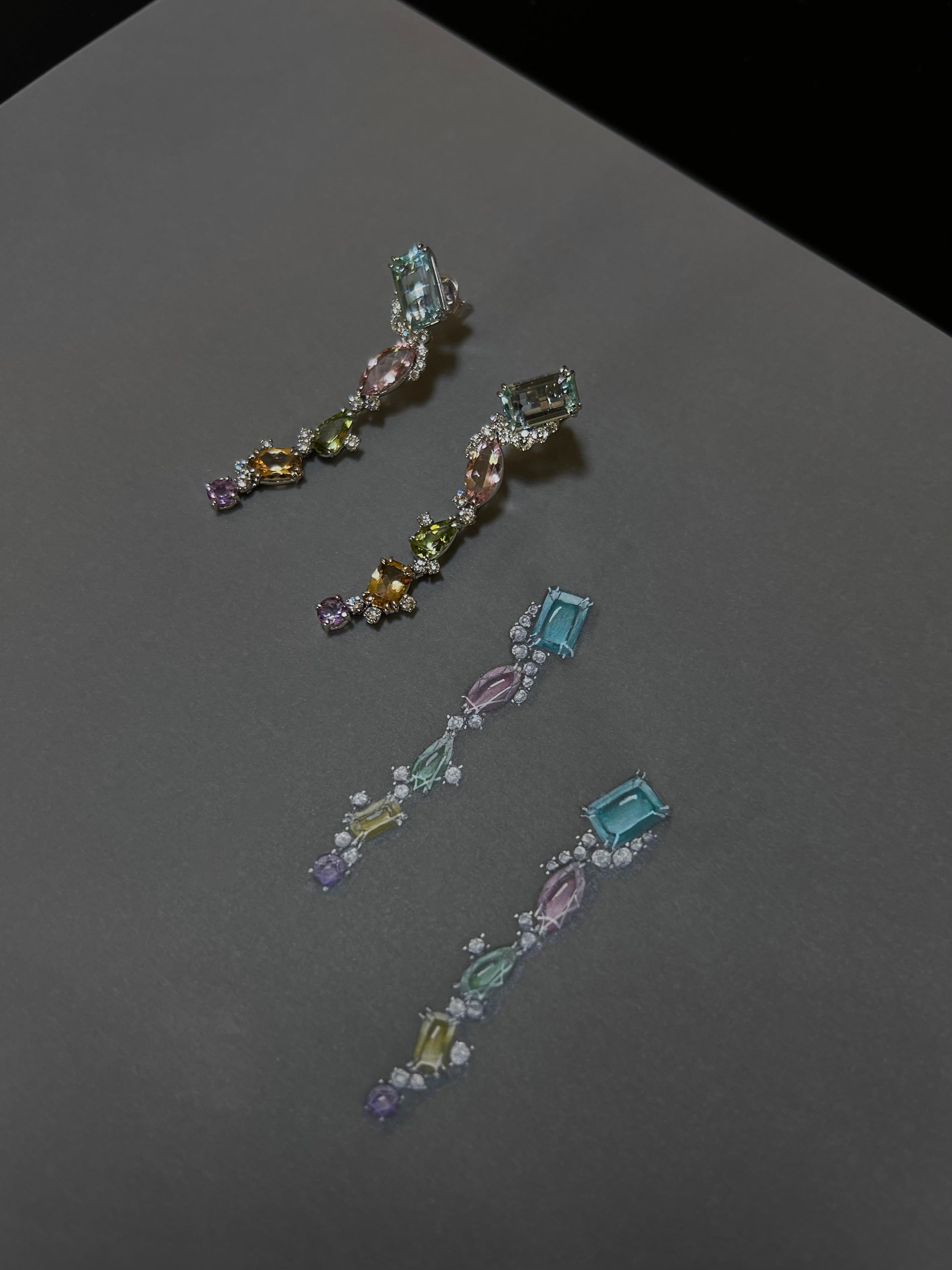 Women's 18 Karat White Gold Dangle Earrings with Multi-Colored Gemstones and Diamonds. For Sale