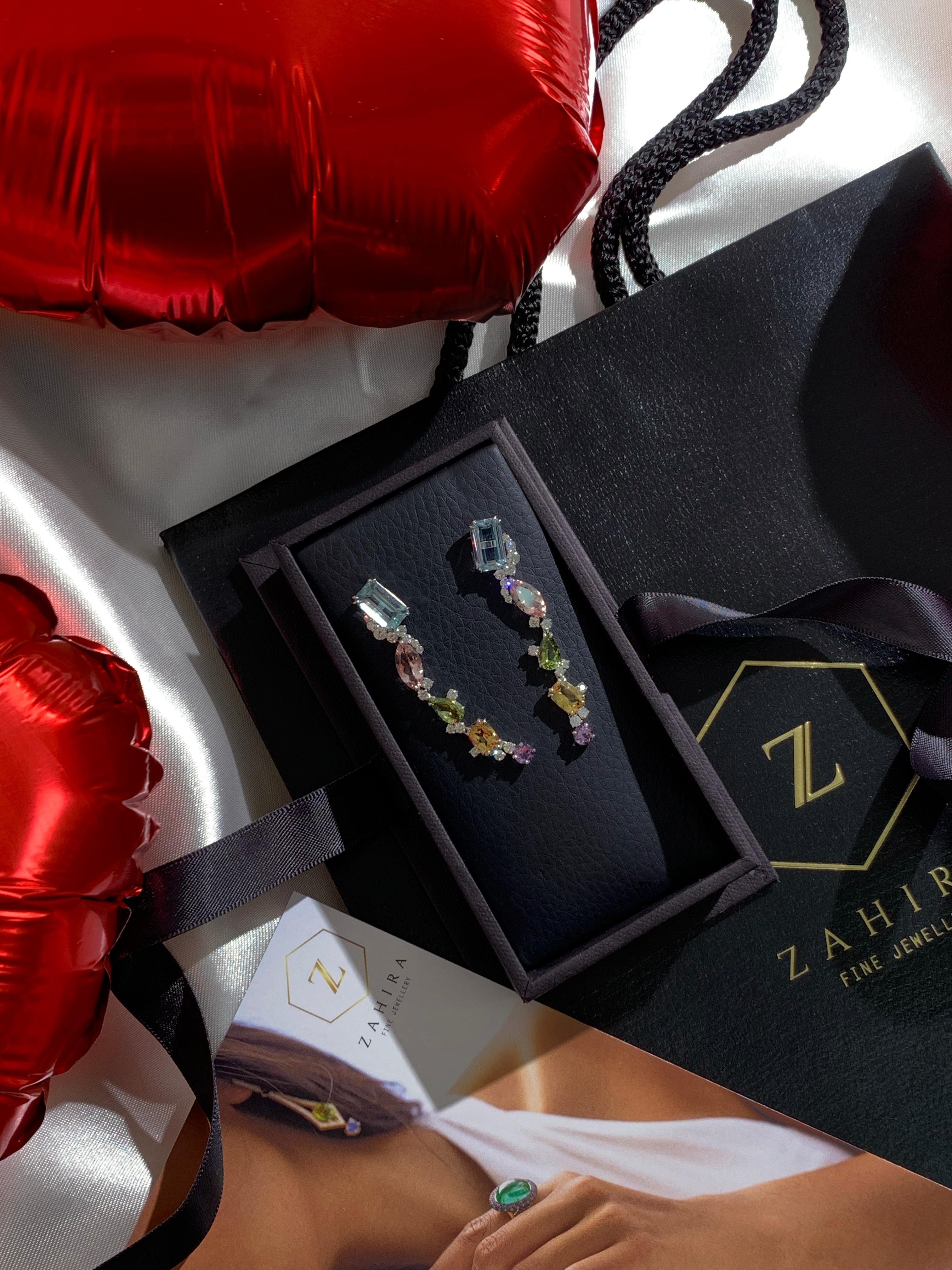 18 Karat White Gold Dangle Earrings with Multi-Colored Gemstones and Diamonds. For Sale 1