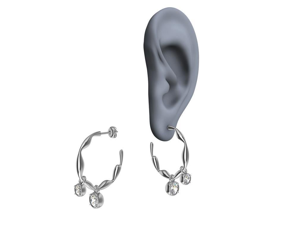 Round Cut 18 Karat White Gold Dangle Diamond Earring Hoops For Sale