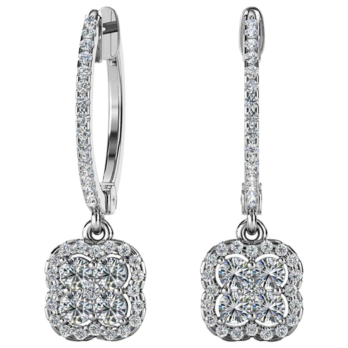 18 Karat White Gold Dangling Floral Halo Diamond Earrings '2/3 Carat' For Sale