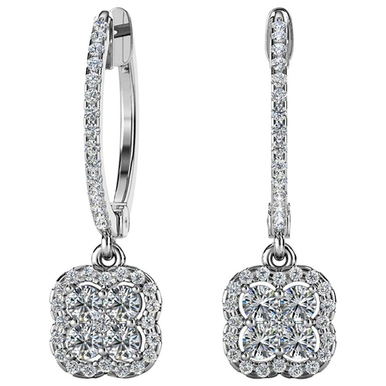 Diamond Halo Pave Clover Symbol 18k White Gold Statement Drop Dangle Earrings main image 0
