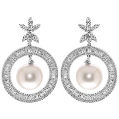 18 Karat White Gold Dangling Hoop Drop Earrings Pearl Brilliants and Baguettes