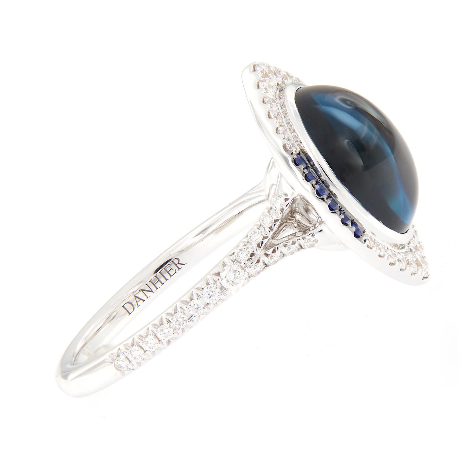 Contemporary 18 Karat White Gold Danhier Blue Topaz, Sapphire and Diamond Evil Eye, Ring For Sale