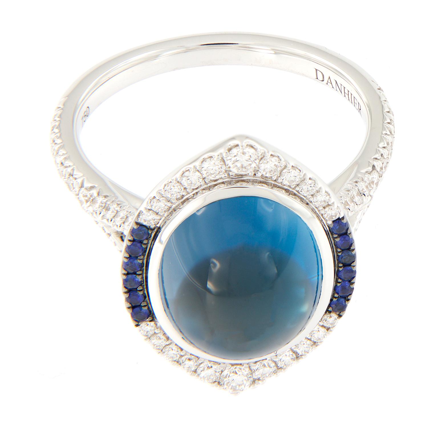 Cabochon 18 Karat White Gold Danhier Blue Topaz, Sapphire and Diamond Evil Eye, Ring For Sale