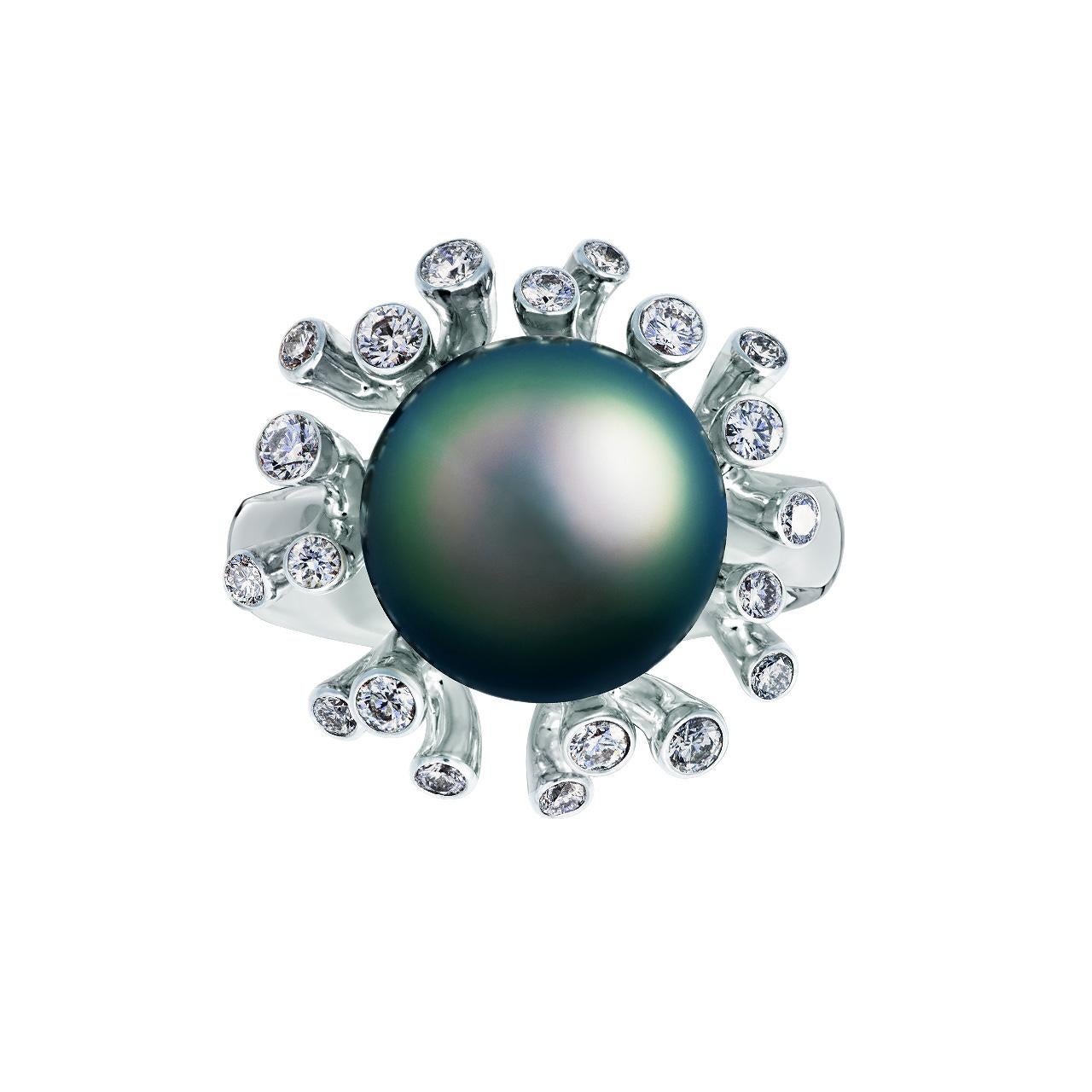 - 21 Round Diamonds - 0.46 ct, E-F/VS
- 10-10.5 mm Dark Tahitian pearl
- 18K White Gold 
- Weight: 9.66 g
- Size: 17 mm
This elegant ring from the Coral collection of Jewelry Theater features a lustrous Dark Tahitian pearl, surrounded with gold