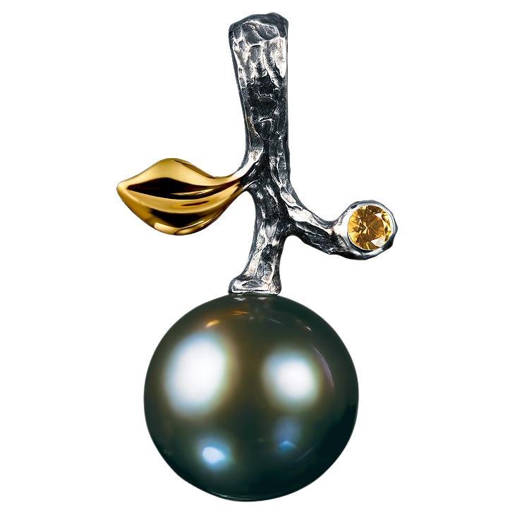 Dark Tahitian Pearl Yellow Sapphire White Gold  Pendant  For Sale