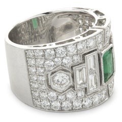 18 Karat White Gold Deco Style Emerald and Diamond Cigar Band