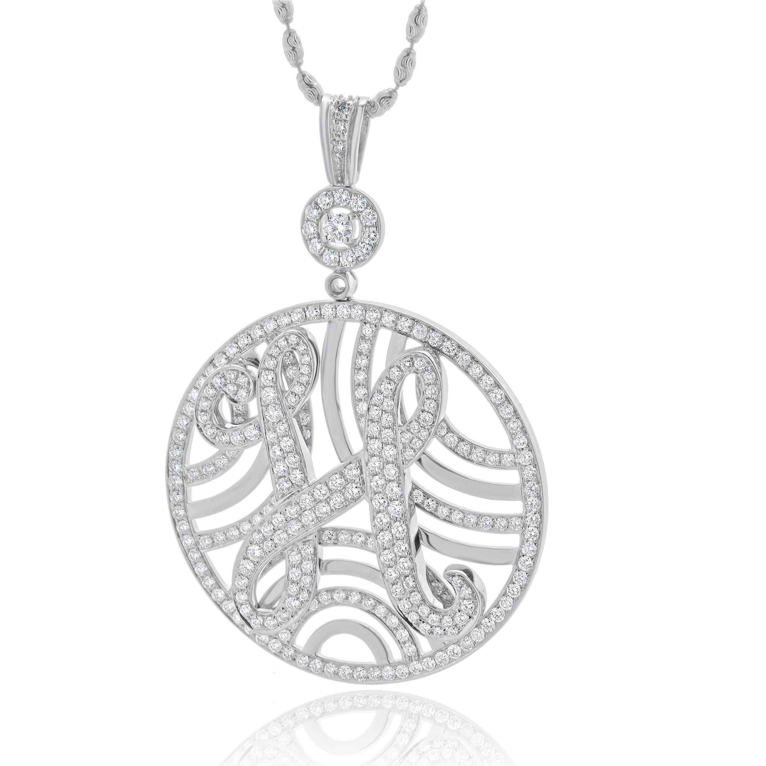 Designer : design personnalisé
Matériau : Or blanc 18K
Diamant : 291 diamants ronds de taille brillant = 4,45cttw
Couleur : H
Clarté : SI1
Dimensions : le collier mesure 16 pouces de long.
Poids : 16.05 grammes