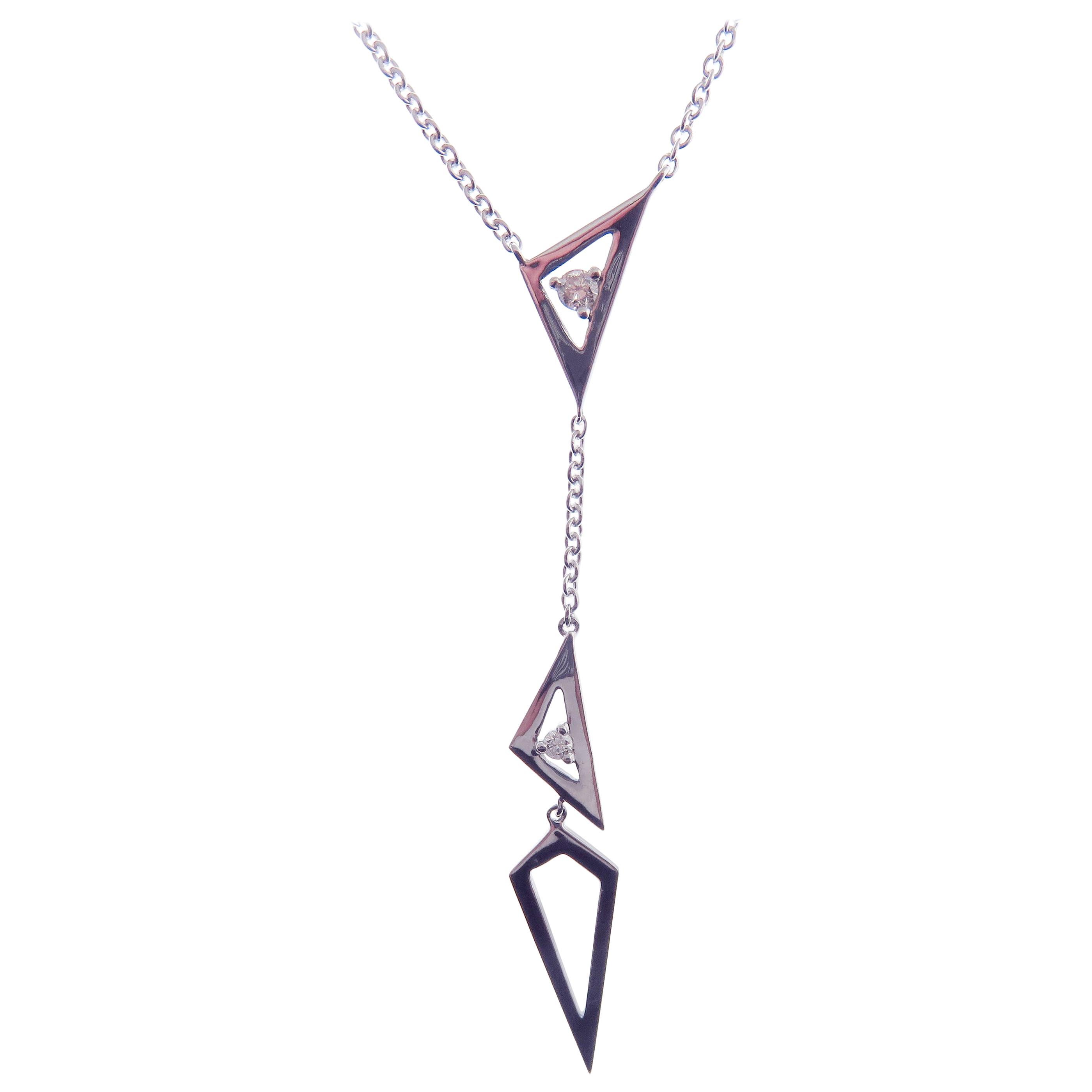 18 Karat White Gold Diamond Abstract Triangle Hollow Pendant Necklace