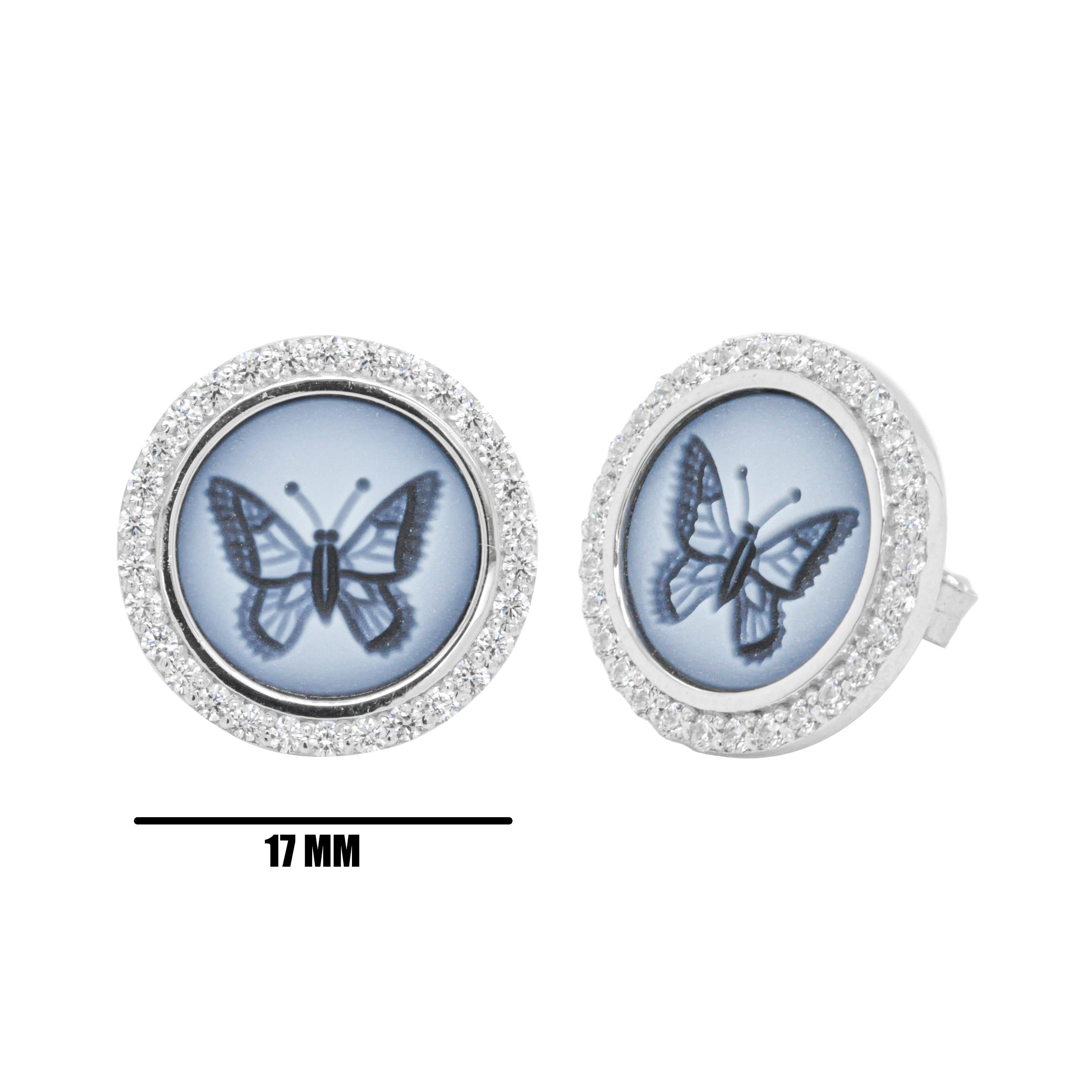 These 18K white gold butterfly stud earrings are a stunning representation of elegance and grace. Crafted with precision and attention to detail, they feature exquisite agate intaglios that showcase the delicate beauty of butterflies. The earrings