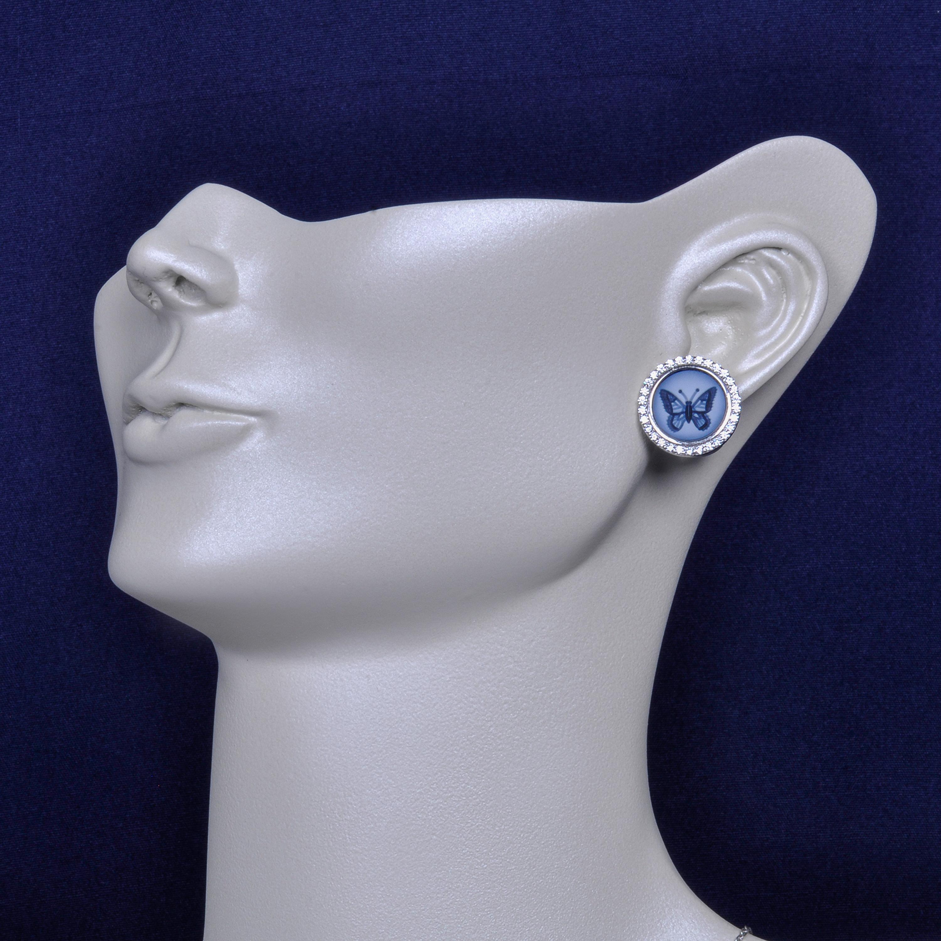 Contemporary 18 Karat White Gold Diamond Agate Butterfly Intaglio Studs Earrings For Sale