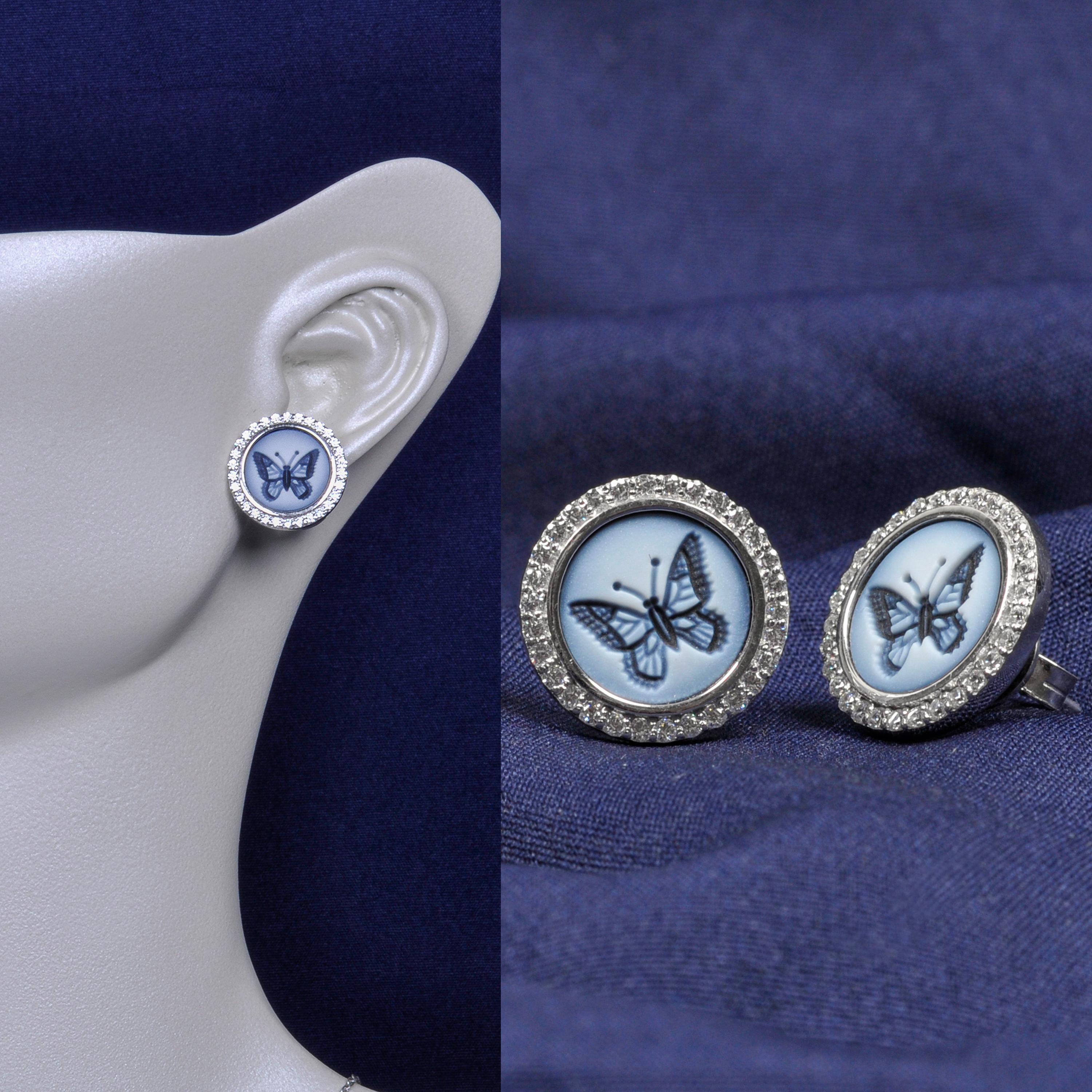 Mixed Cut 18 Karat White Gold Diamond Agate Butterfly Intaglio Studs Earrings For Sale