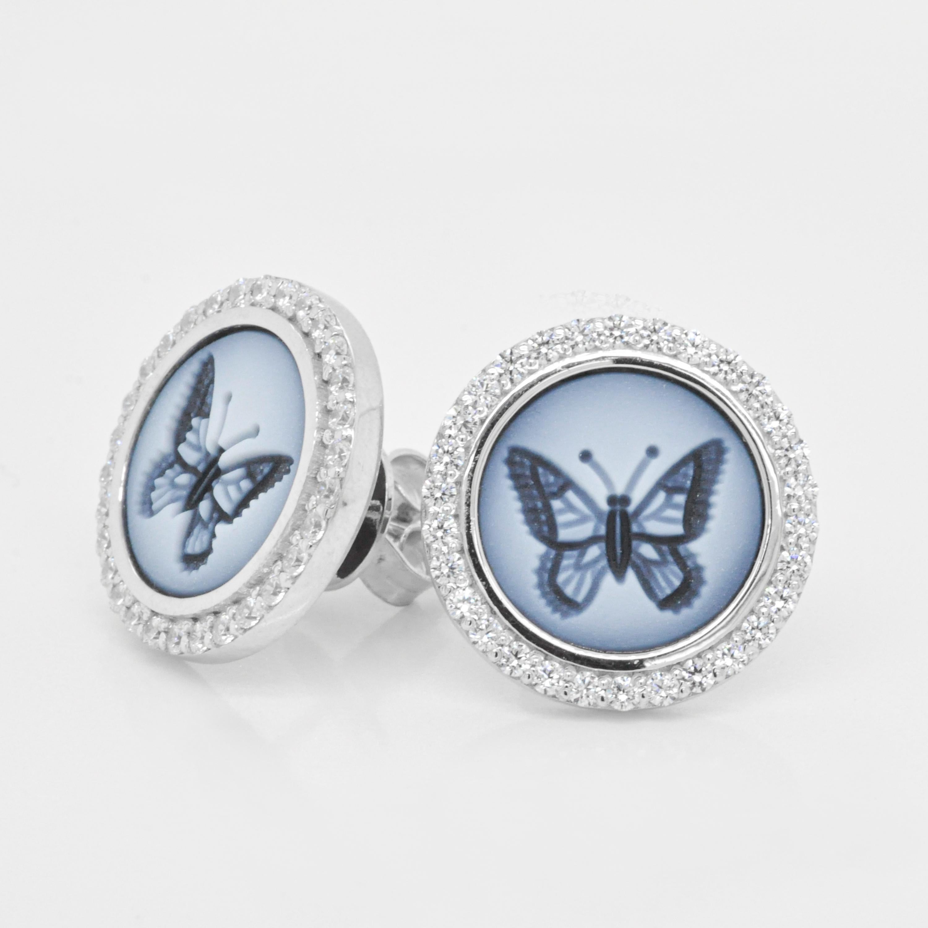 18 Karat White Gold Diamond Agate Butterfly Intaglio Studs Earrings For Sale 2