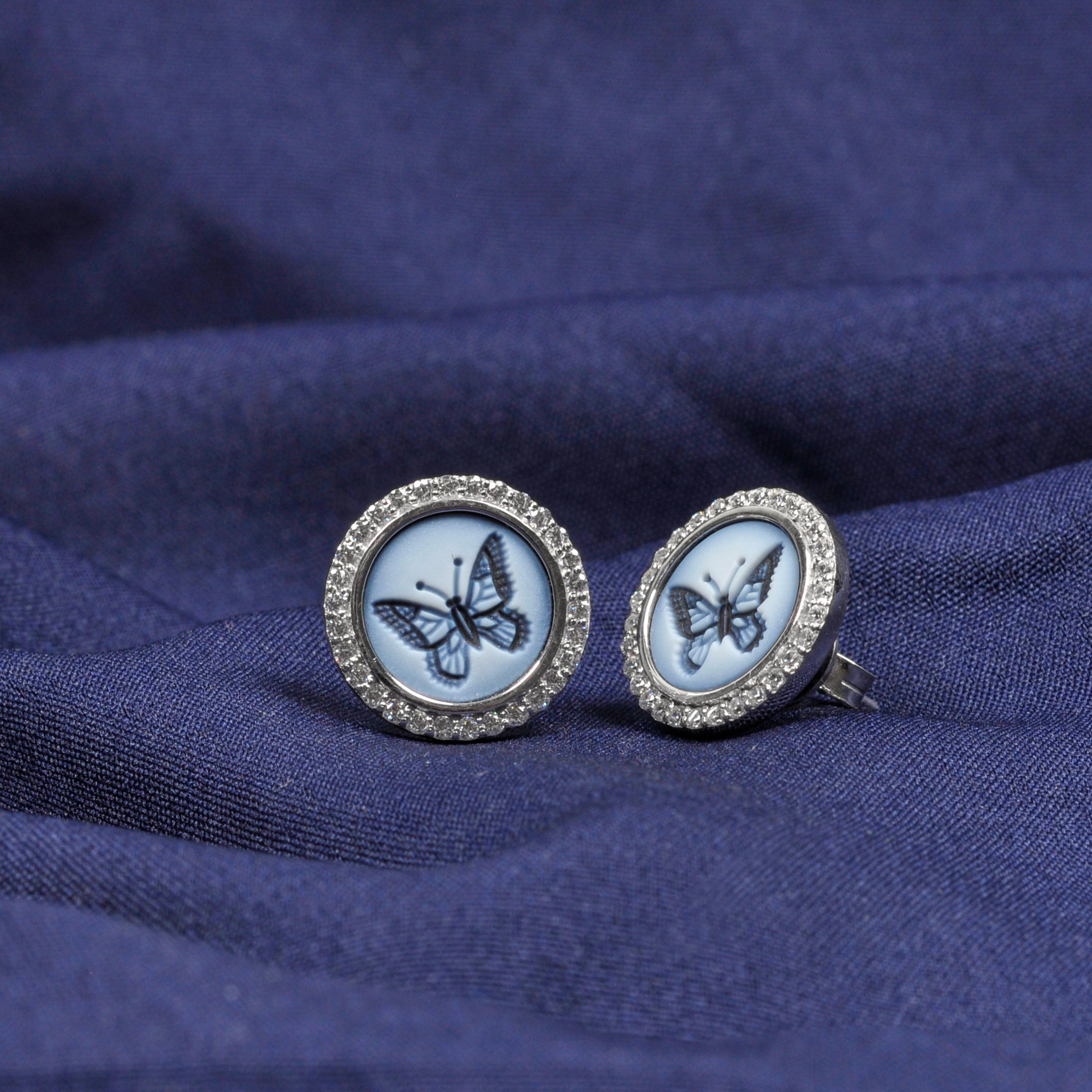 18 Karat White Gold Diamond Agate Butterfly Intaglio Studs Earrings For Sale 3
