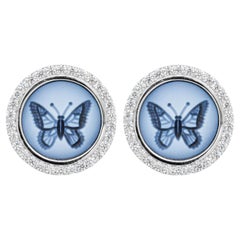 18 Karat White Gold Diamond Agate Butterfly Intaglio Studs Earrings