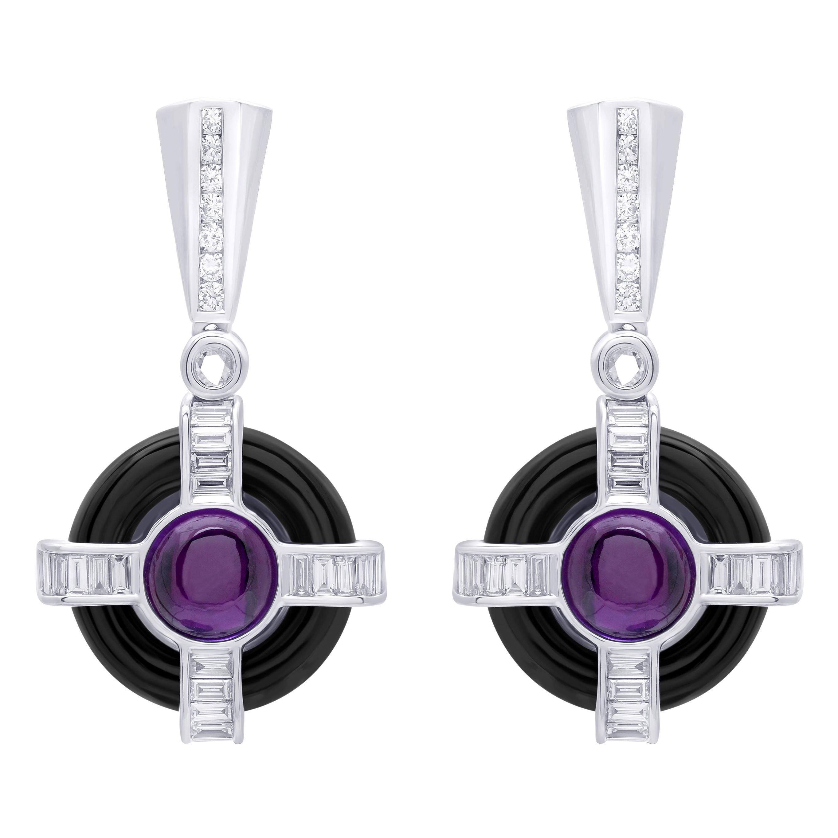 18 Karat White Gold Diamond Amethyst and Onyx Drop Earrings For Sale