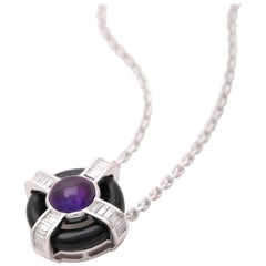 18 Karat White Gold Diamond Amethyst and Onyx Pendant