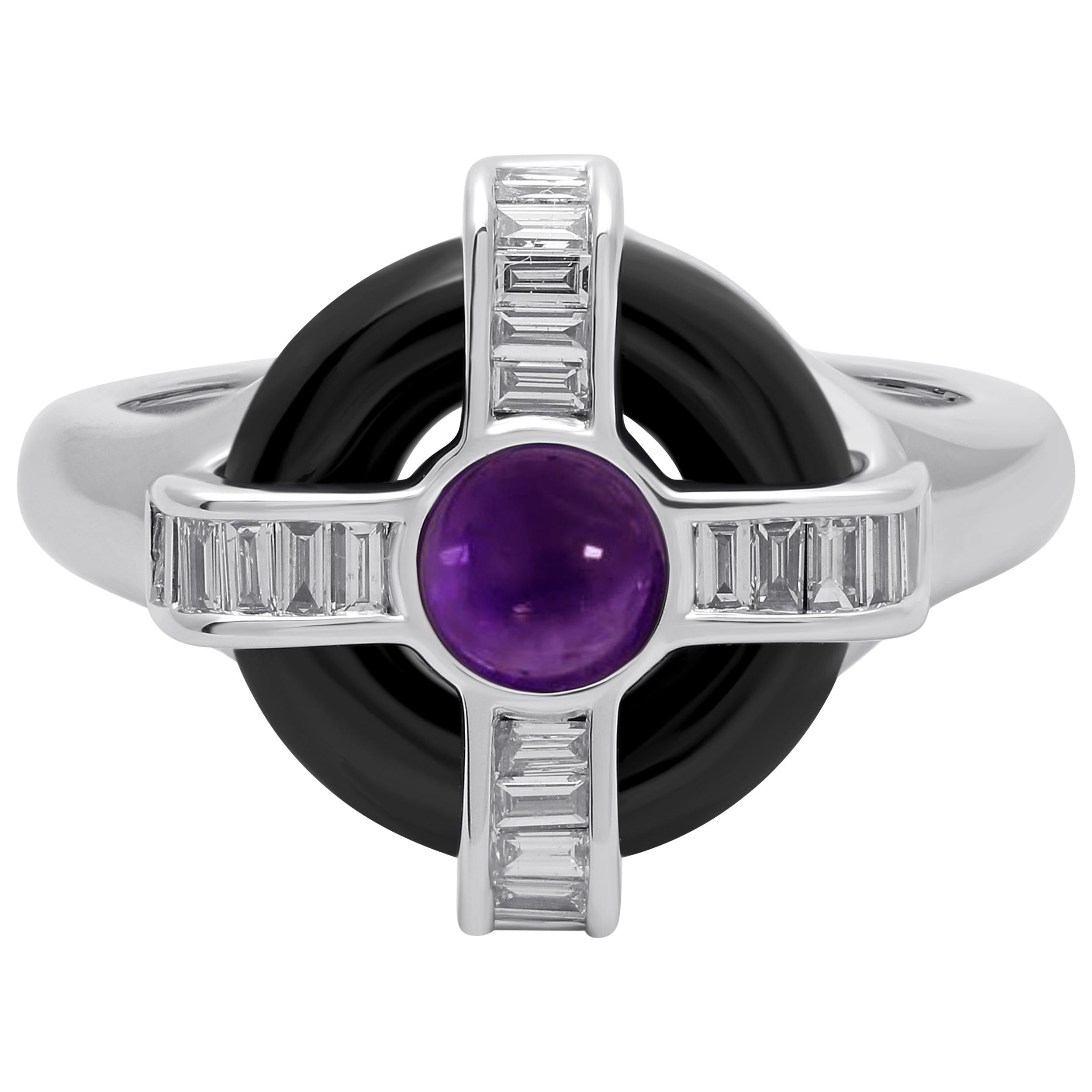 18 Karat White Gold Diamond Amethyst and Onyx Ring For Sale